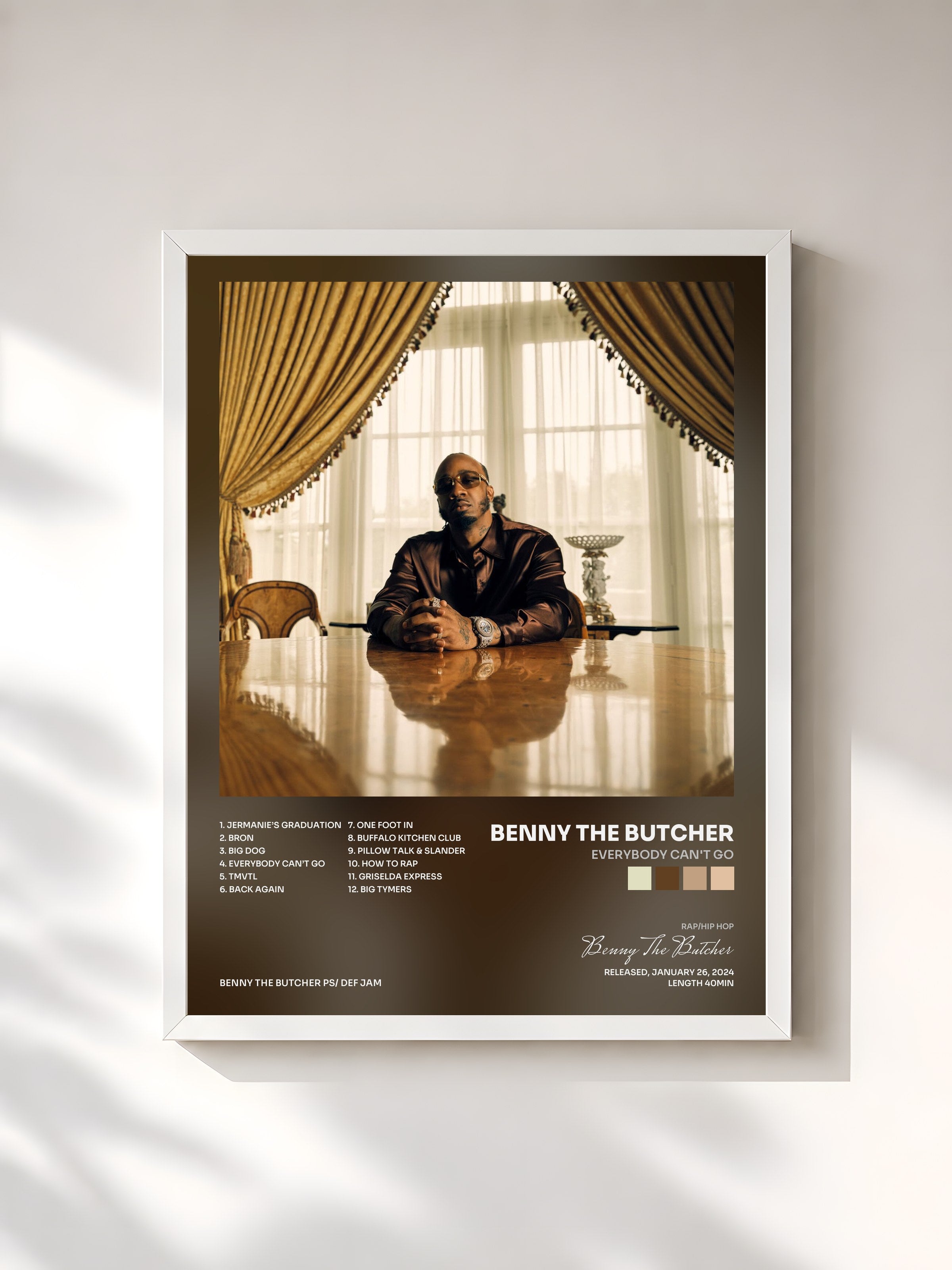 #blanc Tableau de l'album Everybody Can't Go de Benny The Butcher, cadre blanc, imprimé et encadré en France
