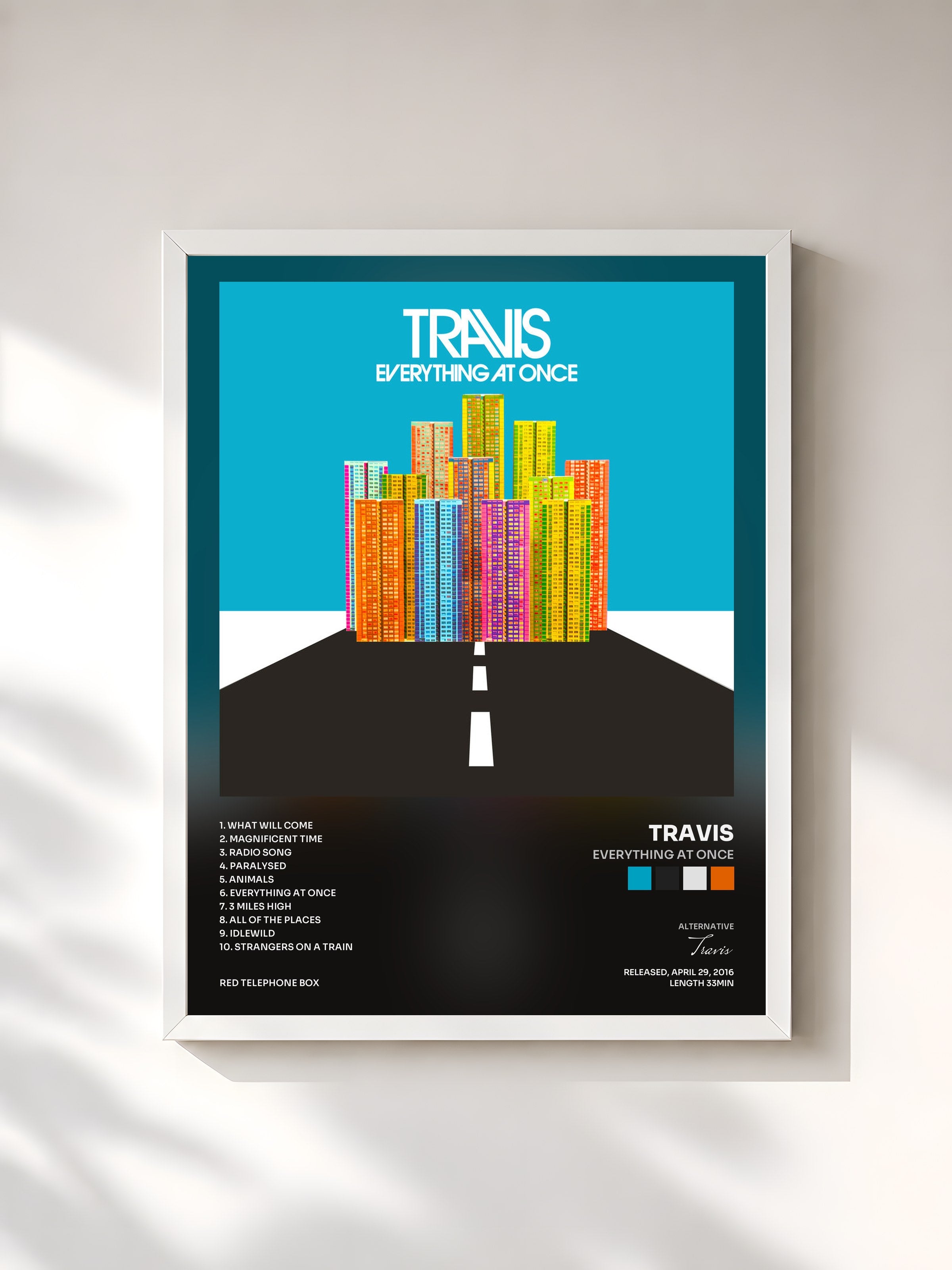 #blanc Tableau de l'album Everything At Once de Travis, cadre blanc, imprimé et encadré en France