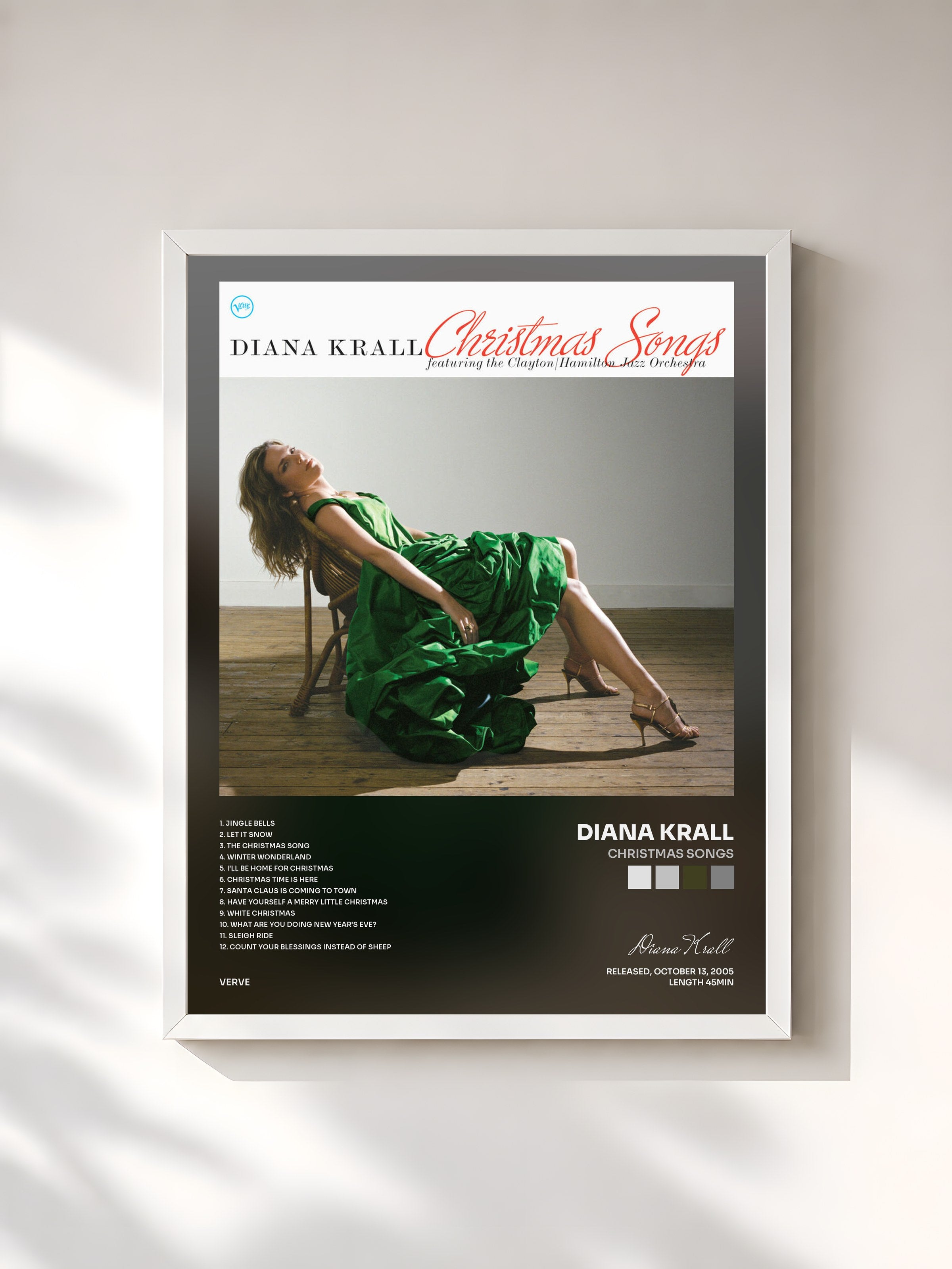 #blanc Tableau de l'album Christmas Songs de Diana Krall, cadre blanc, imprimé et encadré en France