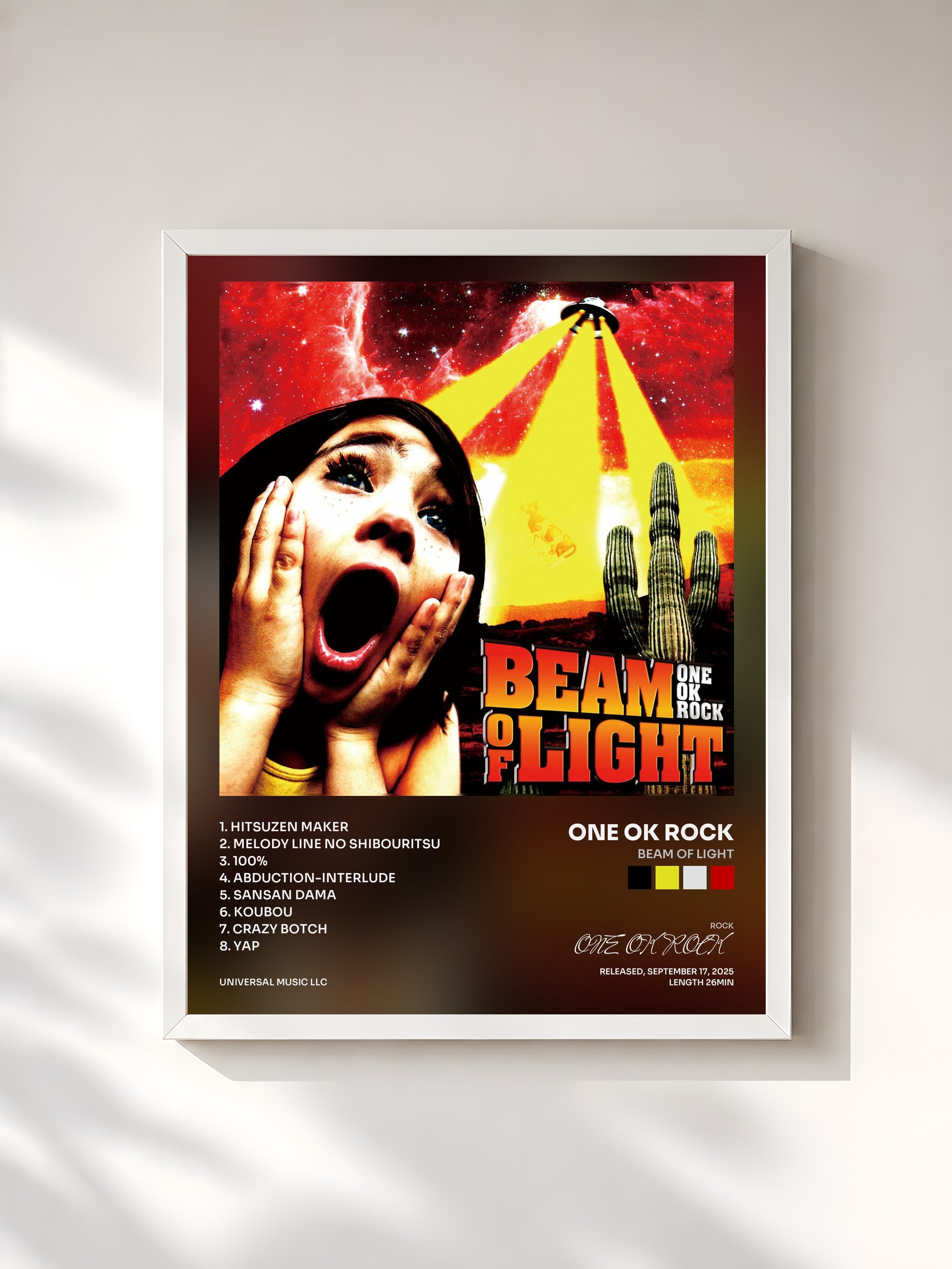 #blanc Tableau de l'album BEAM OF LIGHT de ONE OK ROCK, cadre blanc, imprimé et encadré en France
