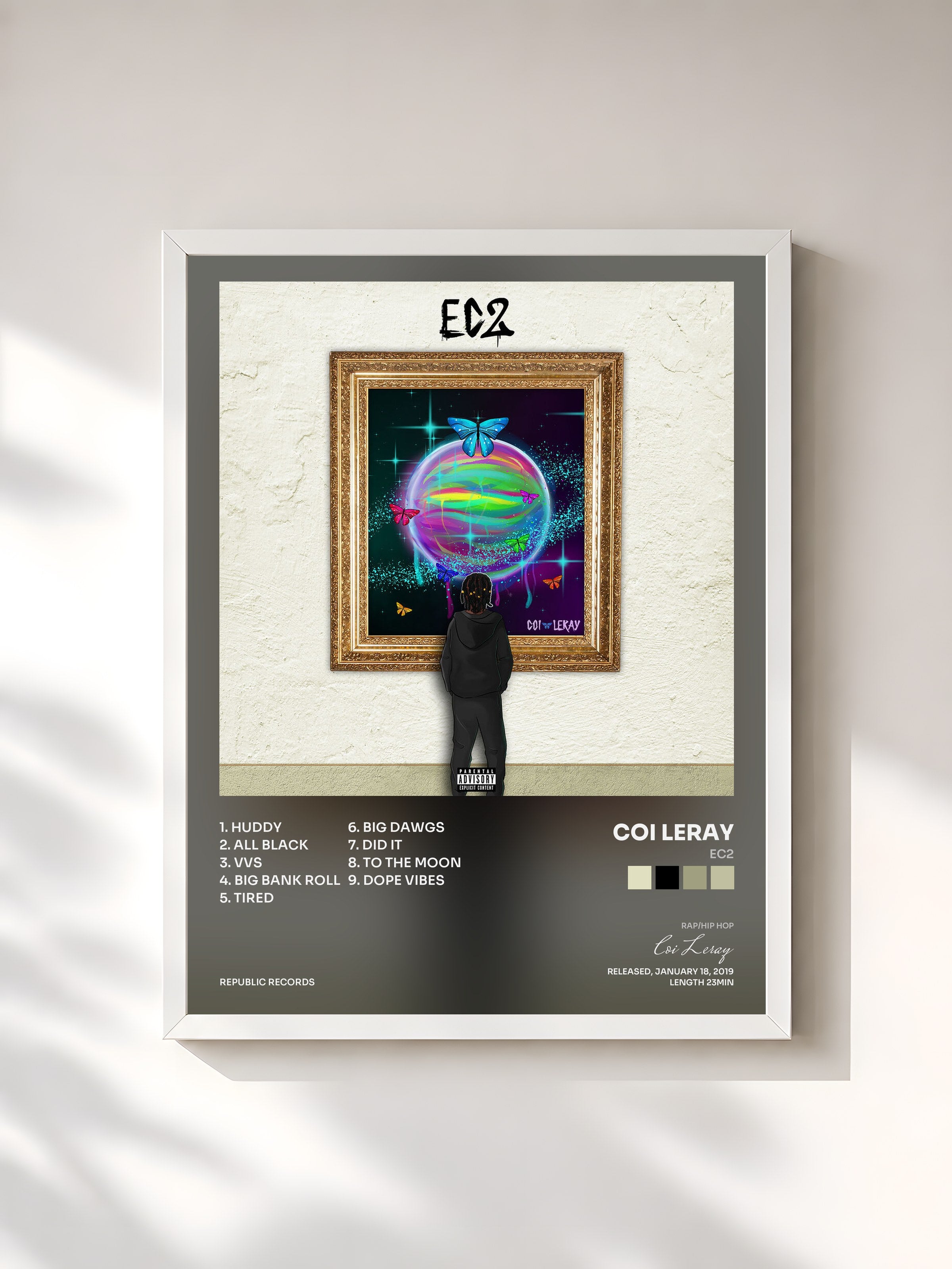 #blanc Tableau de l'album EC2 de Coi Leray, cadre blanc, imprimé et encadré en France