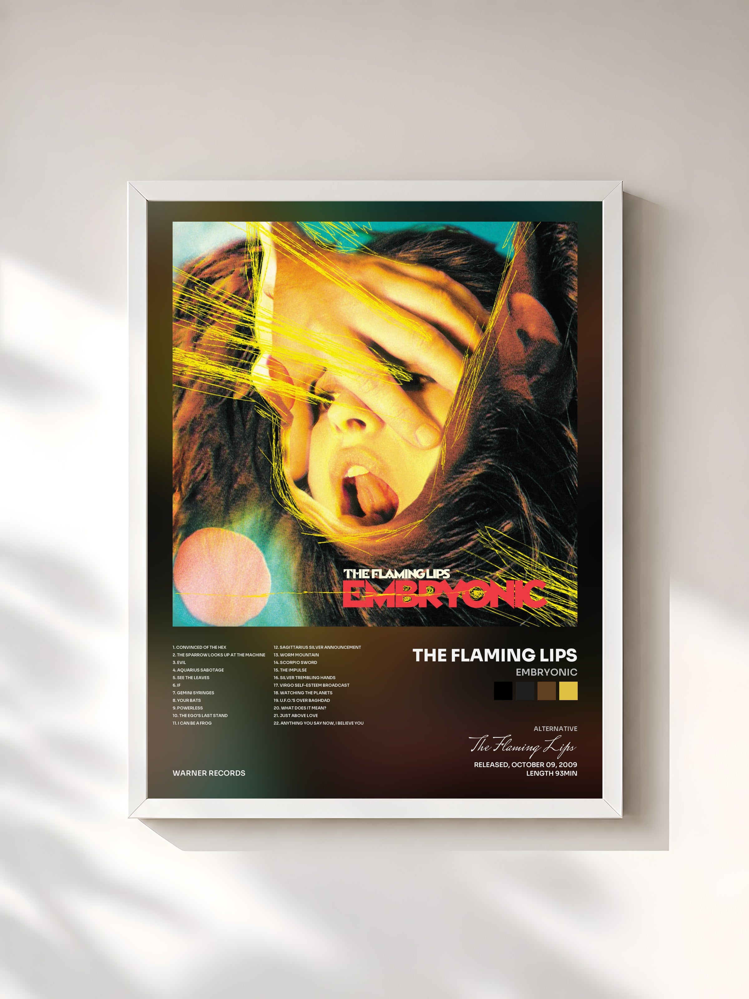 #blanc Tableau de l'album Embryonic de The Flaming Lips, cadre blanc, imprimé et encadré en France