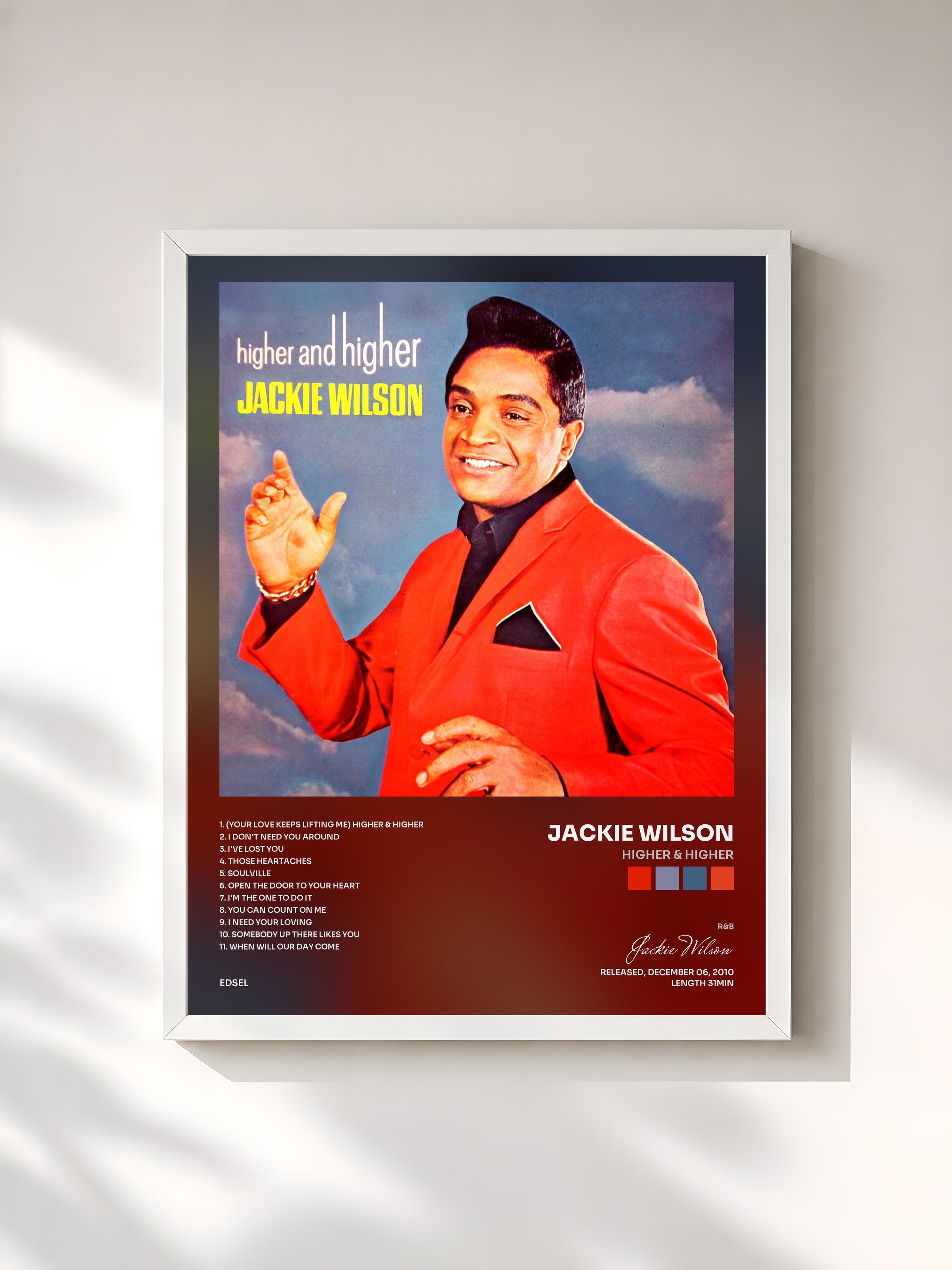 #blanc Tableau de l'album Higher & Higher de Jackie Wilson, cadre blanc, imprimé et encadré en France