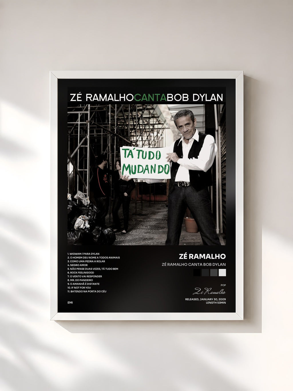 #blanc Tableau de l'album Zé Ramalho Canta Bob Dylan de Zé Ramalho, cadre blanc, imprimé et encadré en France