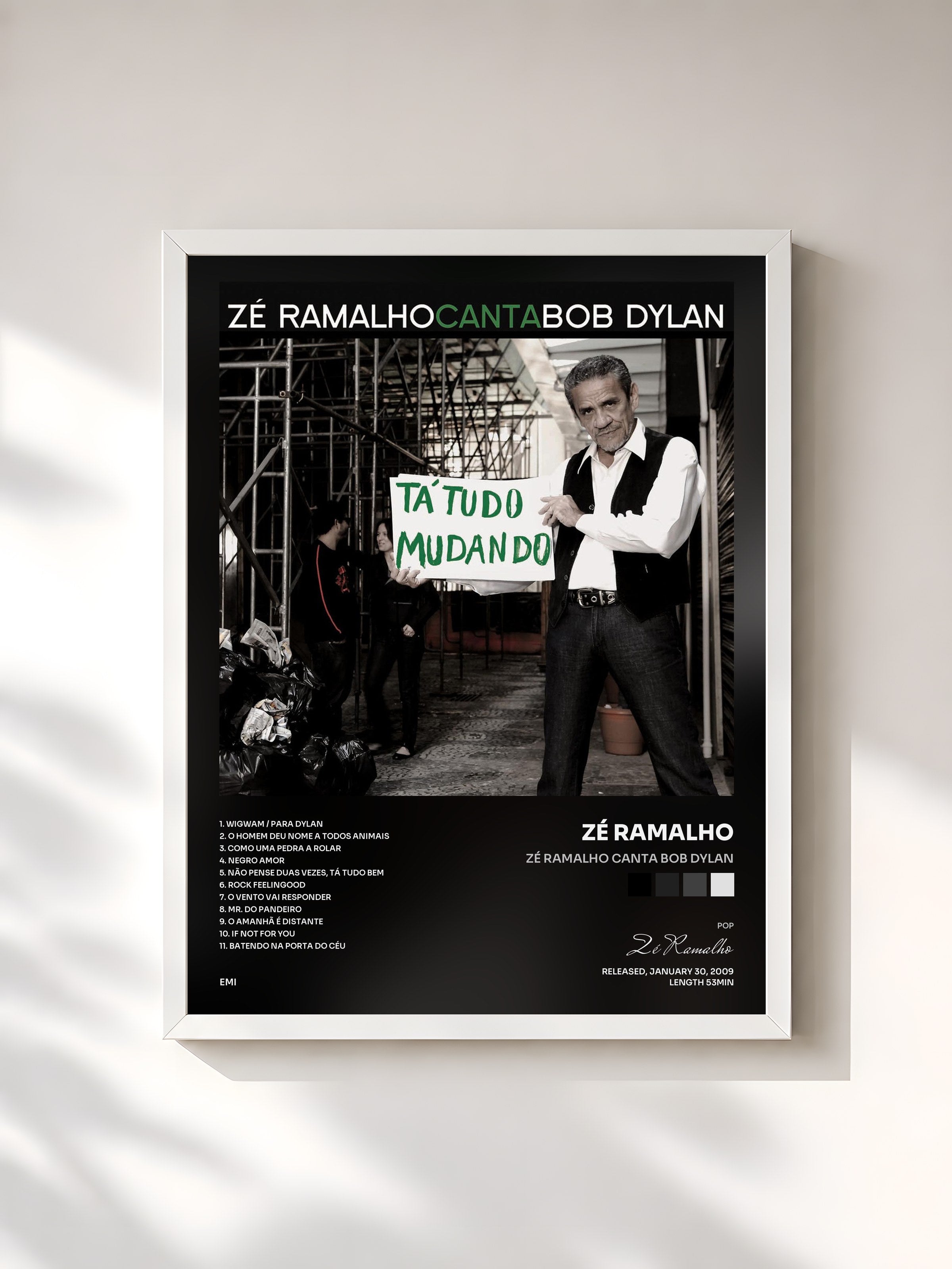 #blanc Tableau de l'album Zé Ramalho Canta Bob Dylan de Zé Ramalho, cadre blanc, imprimé et encadré en France