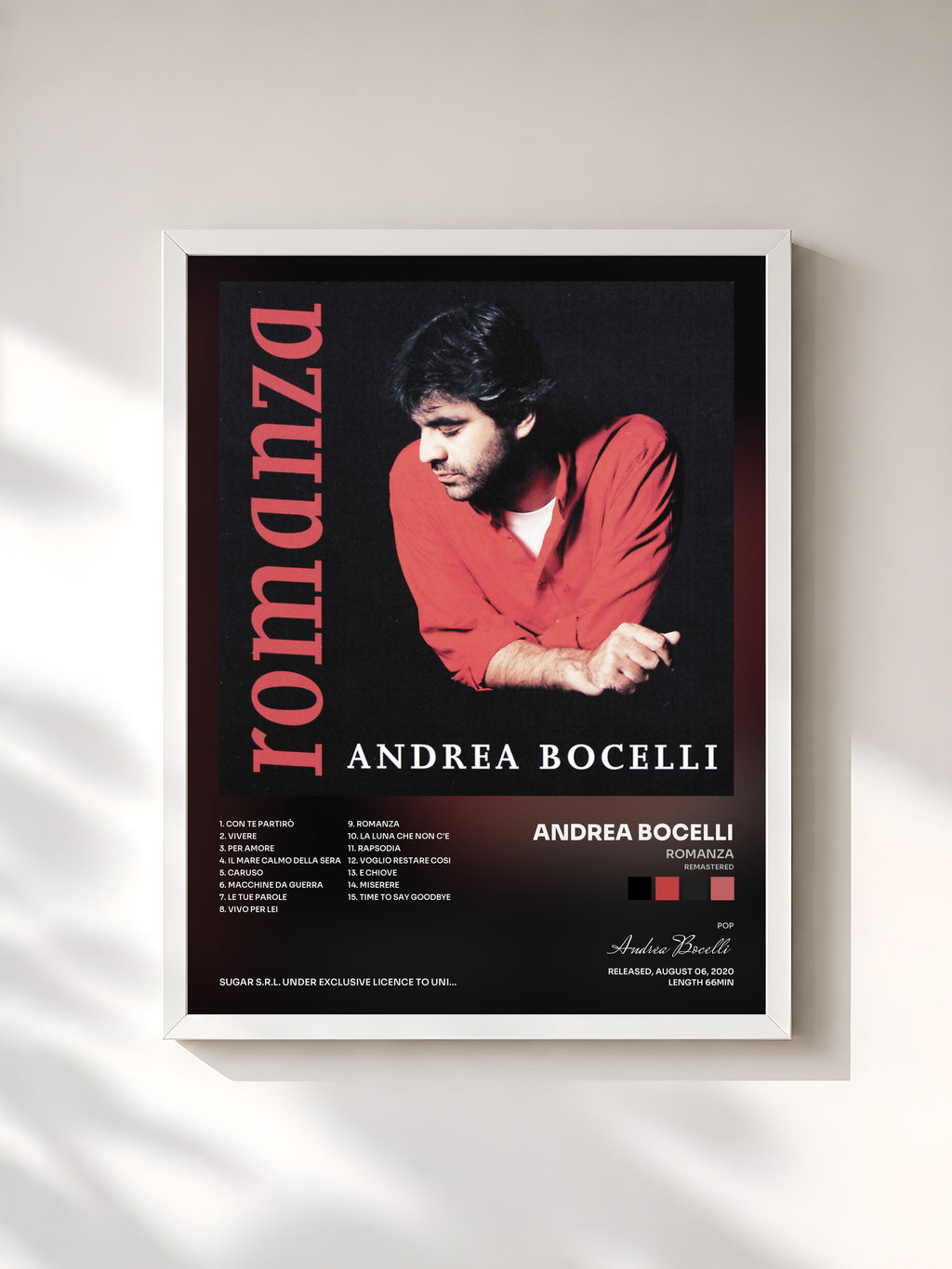 #blanc Tableau de l'album Romanza (Remastered) de Andrea Bocelli, cadre blanc, imprimé et encadré en France