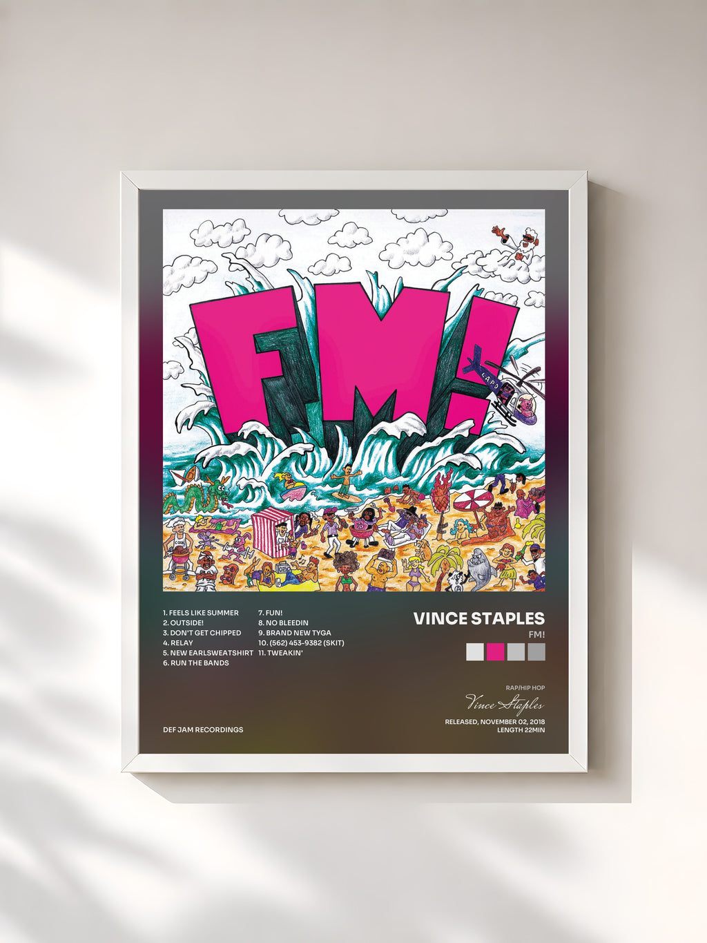 #blanc Tableau de l'album FM! de Vince Staples, cadre blanc, imprimé et encadré en France