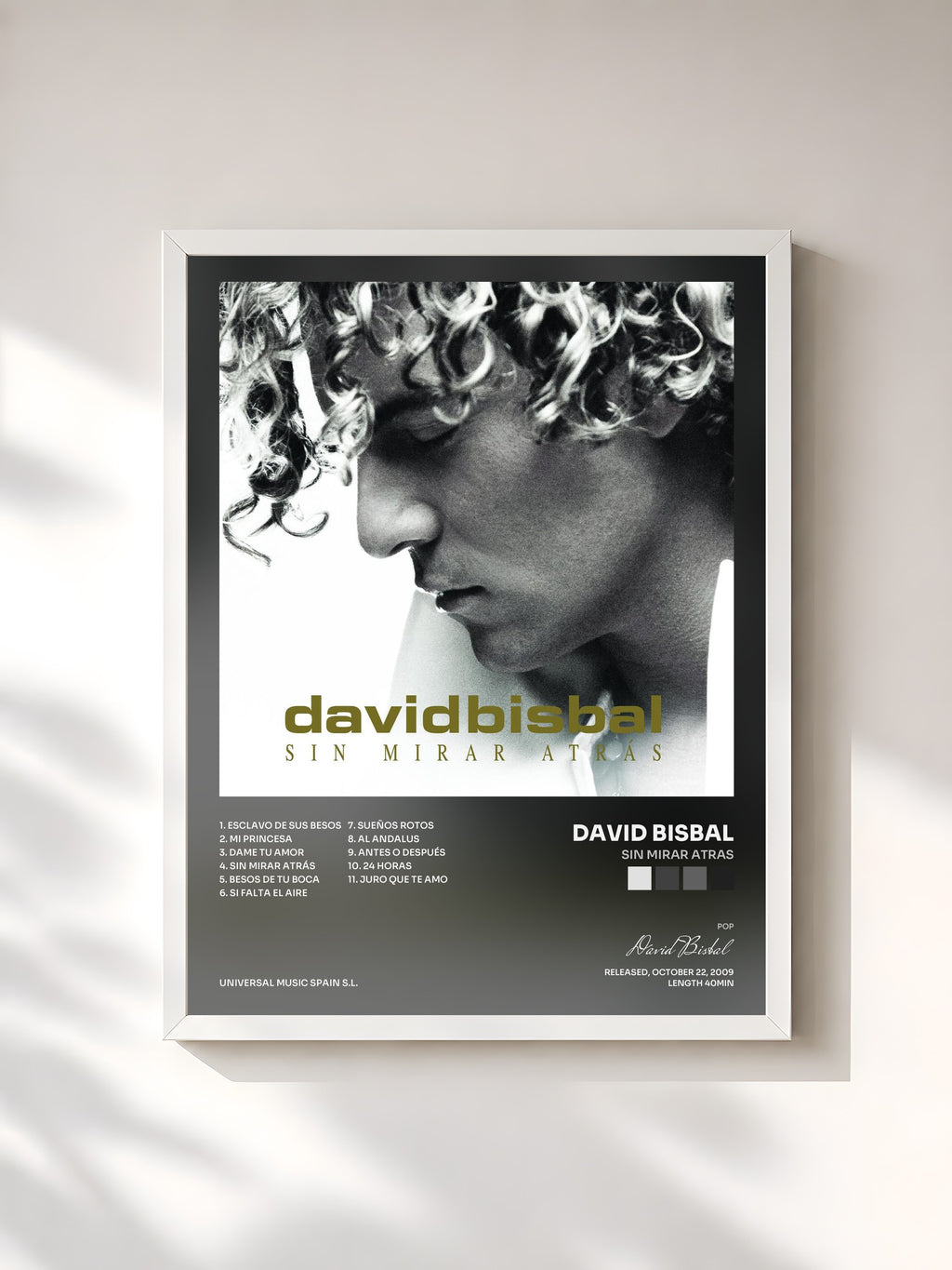 #blanc Tableau de l'album Sin Mirar Atras de David Bisbal, cadre blanc, imprimé et encadré en France