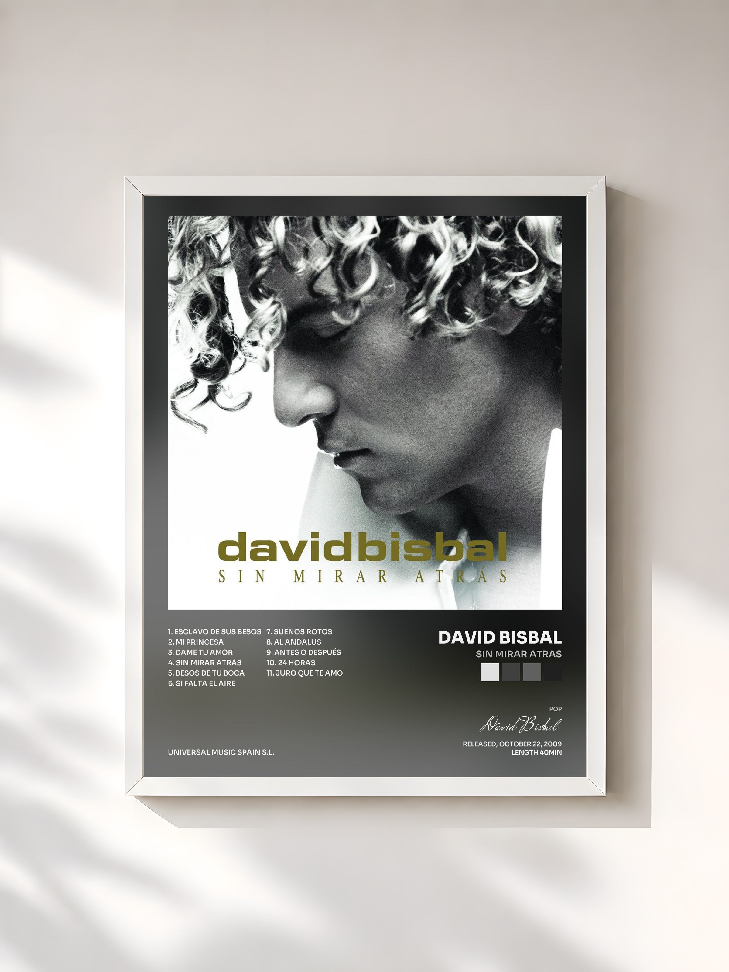 #blanc Tableau de l'album Sin Mirar Atras de David Bisbal, cadre blanc, imprimé et encadré en France