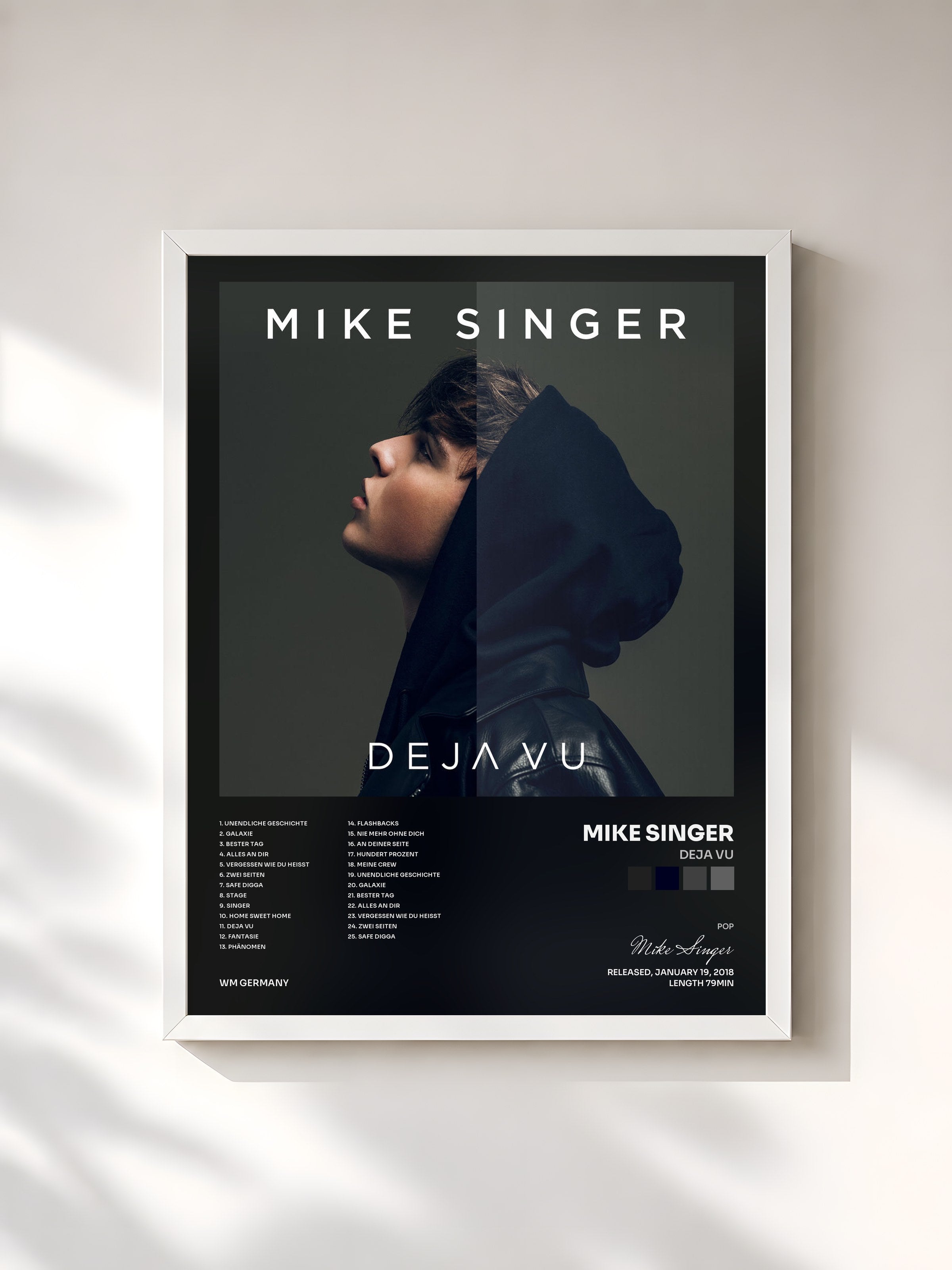 #blanc Tableau de l'album Deja Vu de Mike Singer, cadre blanc, imprimé et encadré en France
