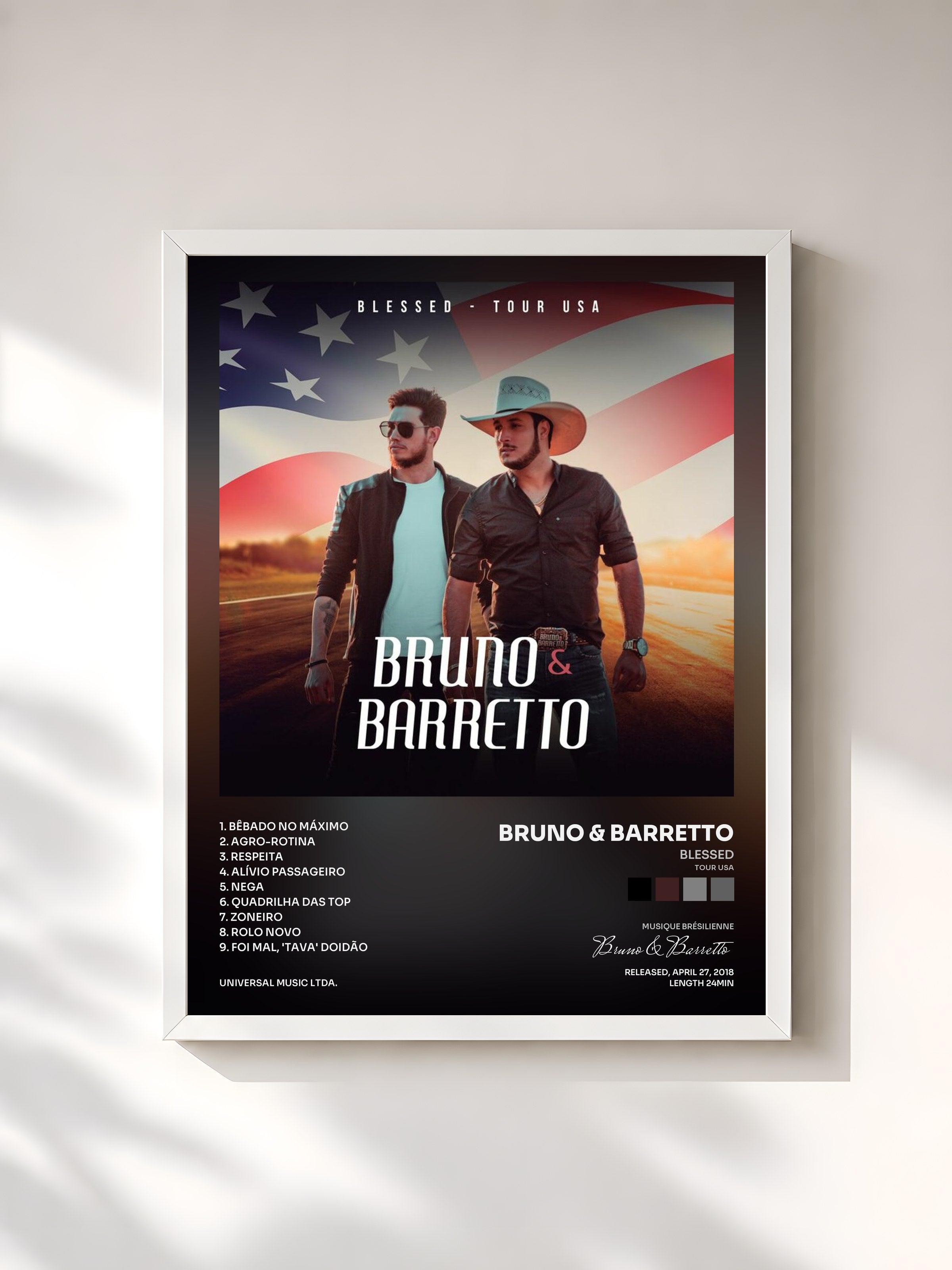 #blanc Tableau de l'album Blessed (Tour USA) de Bruno & Barretto, cadre blanc, imprimé et encadré en France