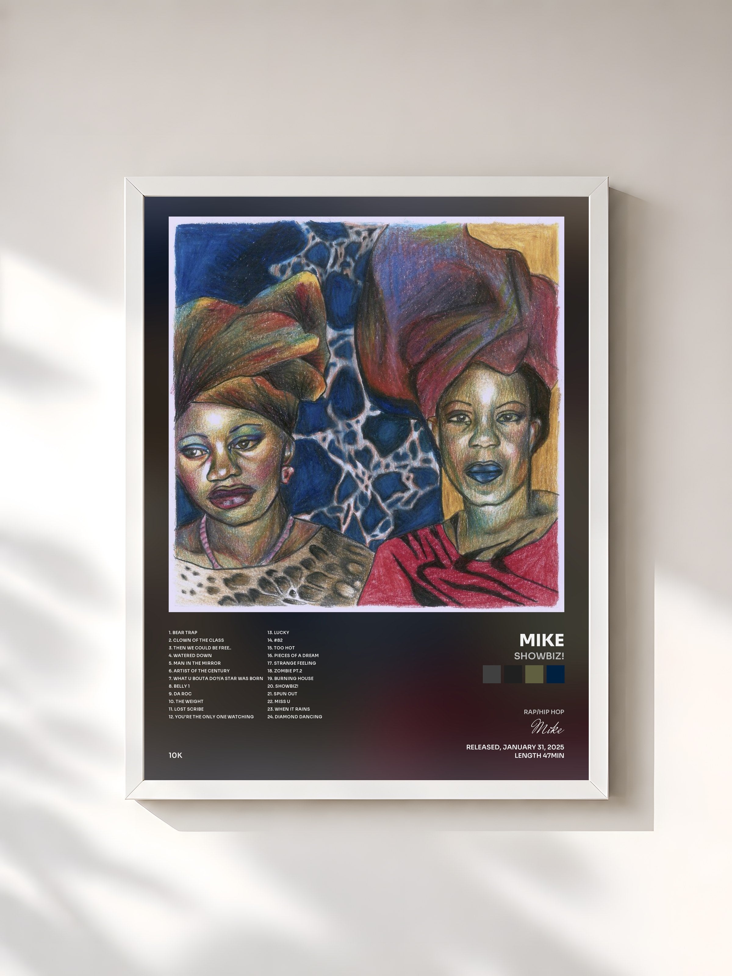 #blanc Tableau de l'album Showbiz! de Mike, cadre blanc, imprimé et encadré en France