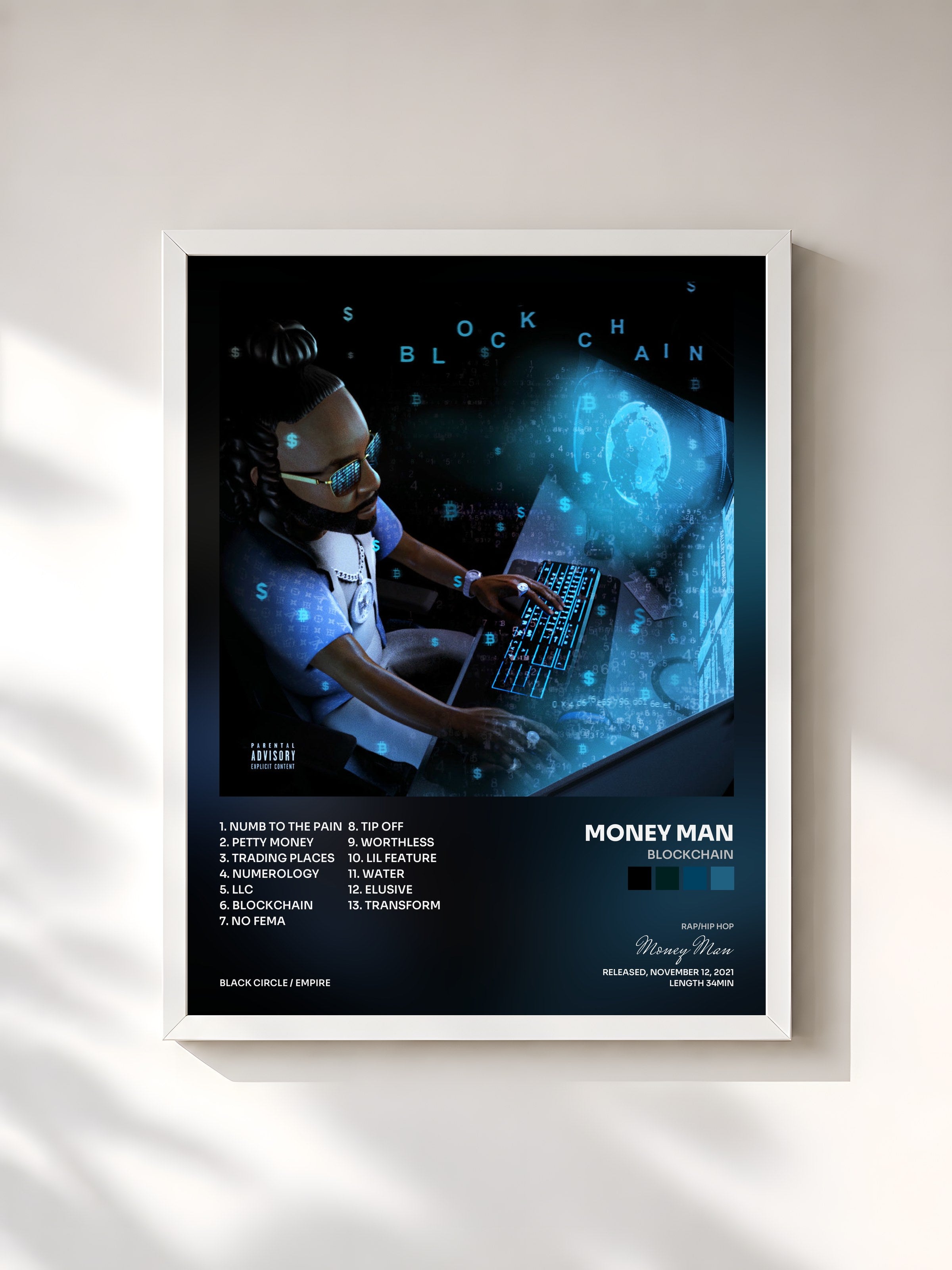 #blanc Tableau de l'album Blockchain de Money Man, cadre blanc, imprimé et encadré en France