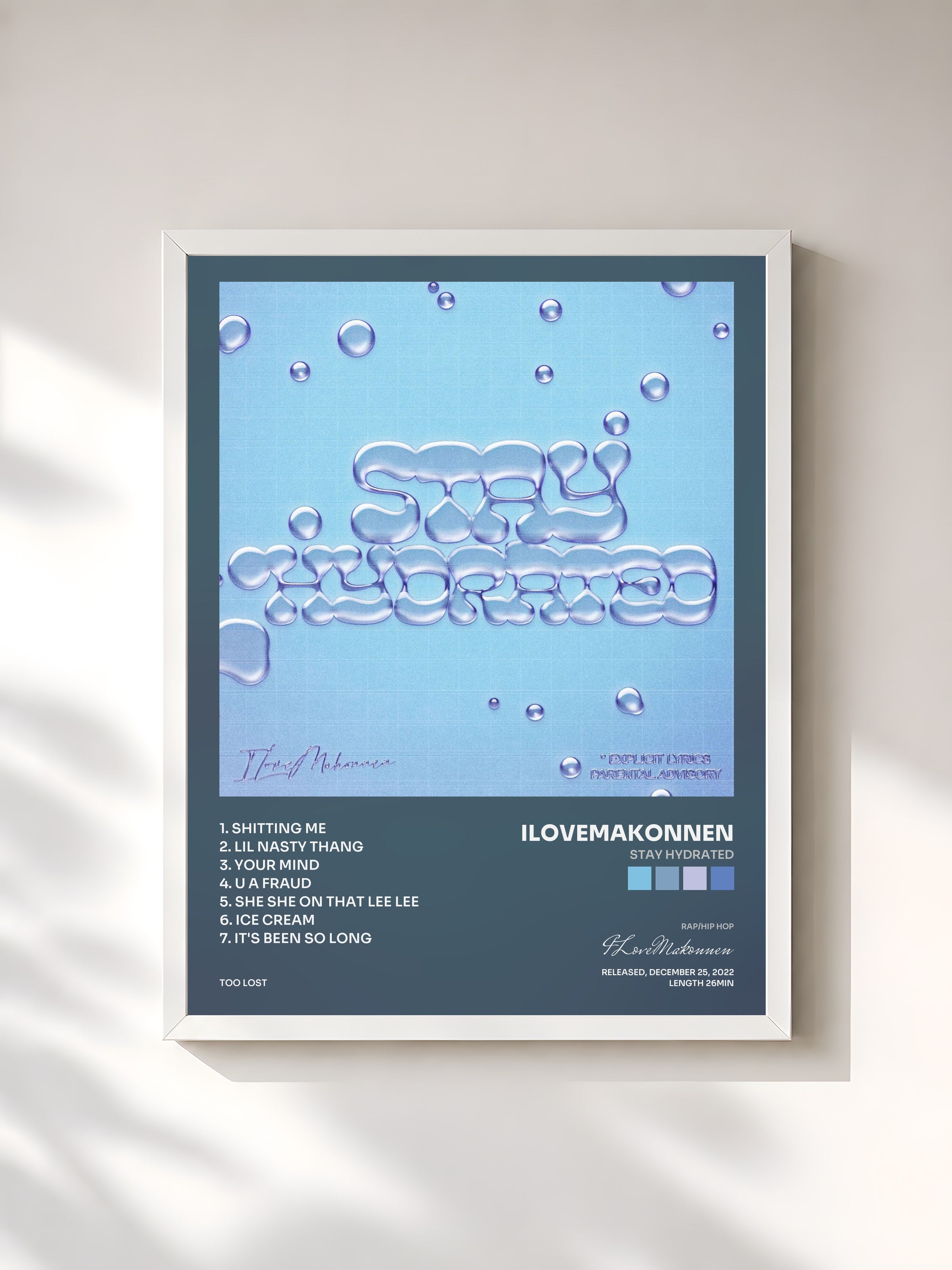 #blanc Tableau de l'album Stay Hydrated de ILoveMakonnen, cadre blanc, imprimé et encadré en France