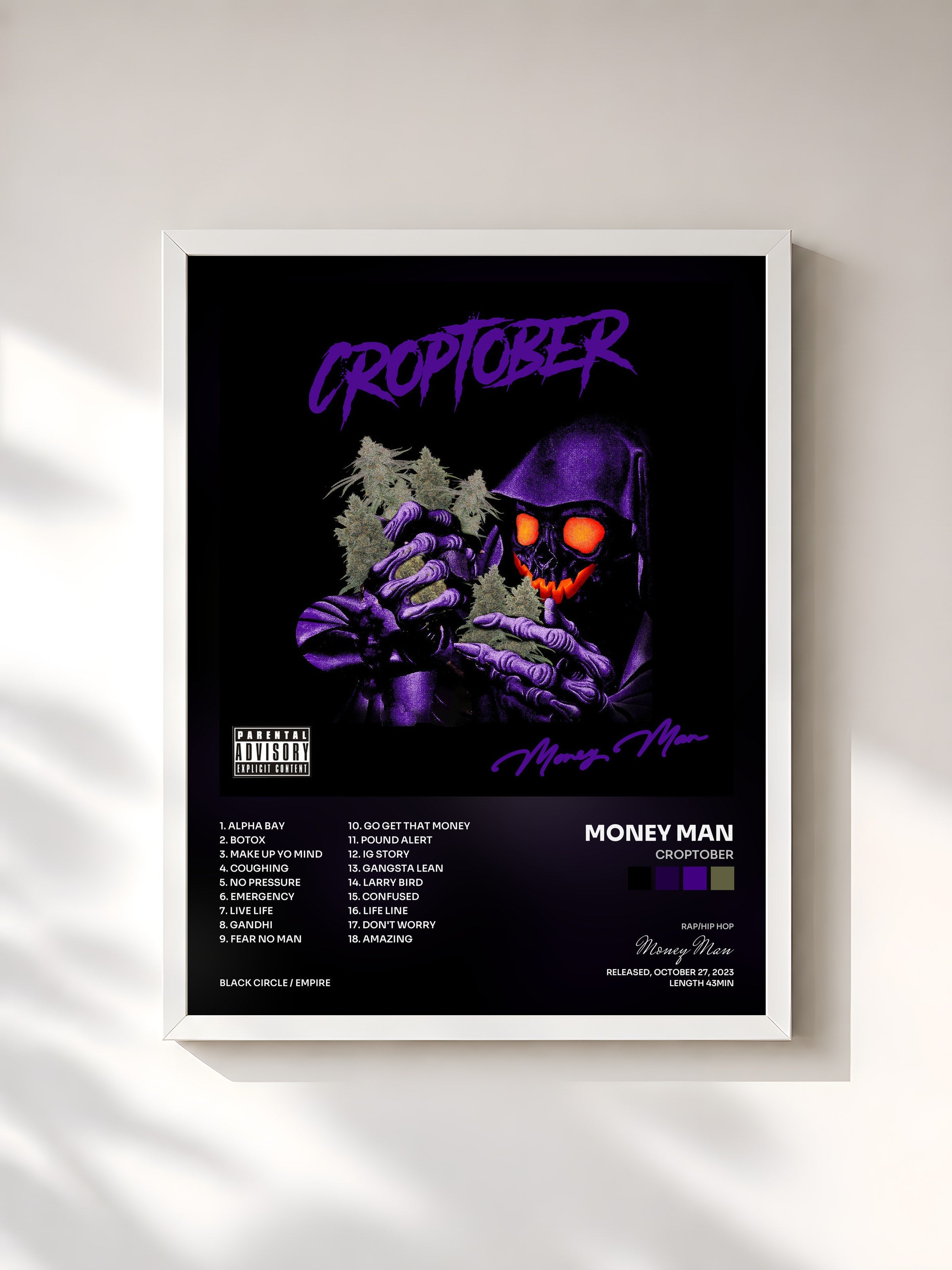 #blanc Tableau de l'album CROPTOBER de Money Man, cadre blanc, imprimé et encadré en France