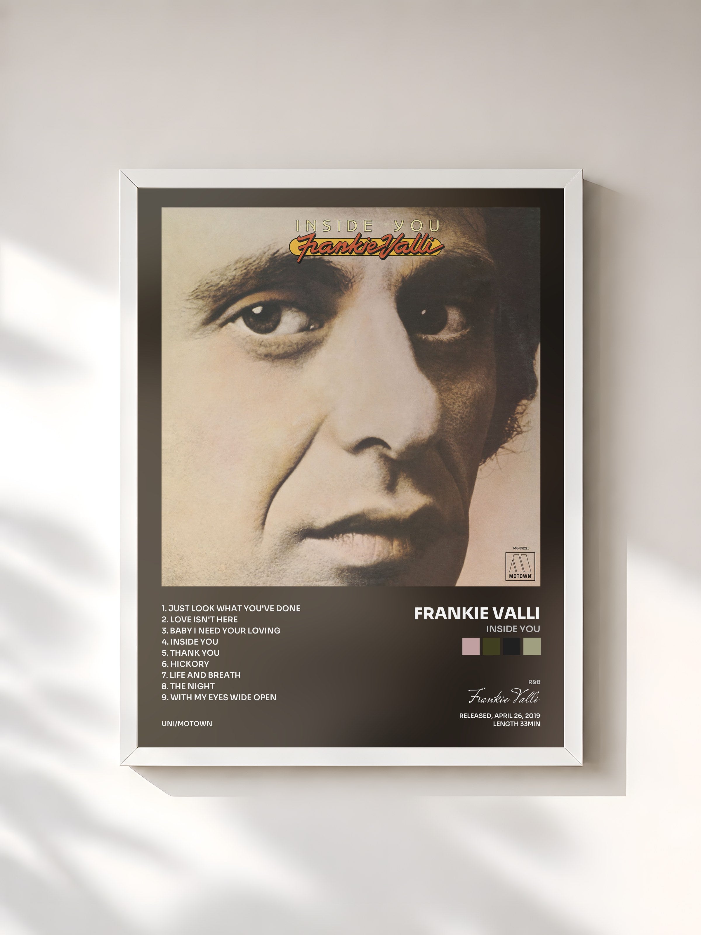 #blanc Tableau de l'album Inside You de Frankie Valli, cadre blanc, imprimé et encadré en France