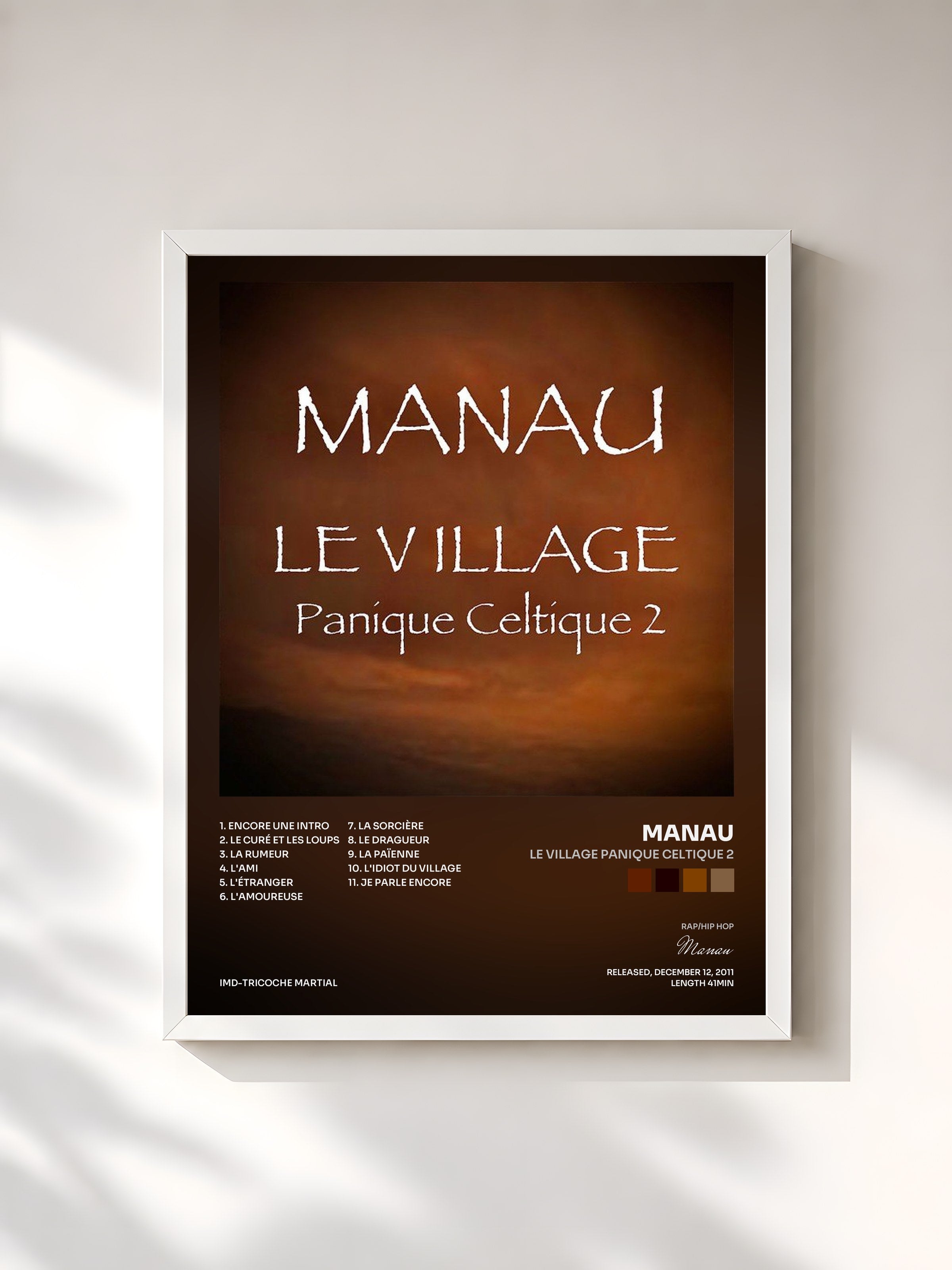 #blanc Tableau de l'album Le village Panique celtique 2 de Manau, cadre blanc, imprimé et encadré en France
