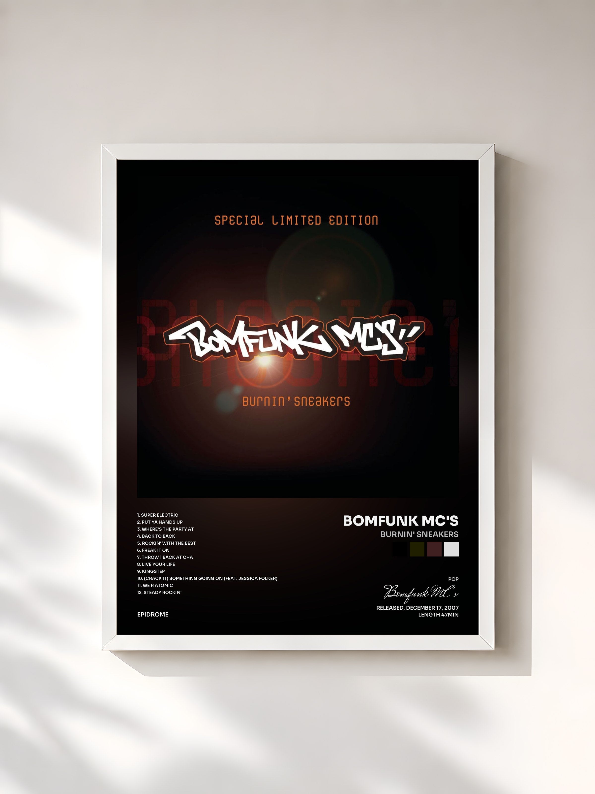 #blanc Tableau de l'album Burnin' Sneakers de Bomfunk MC's, cadre blanc, imprimé et encadré en France