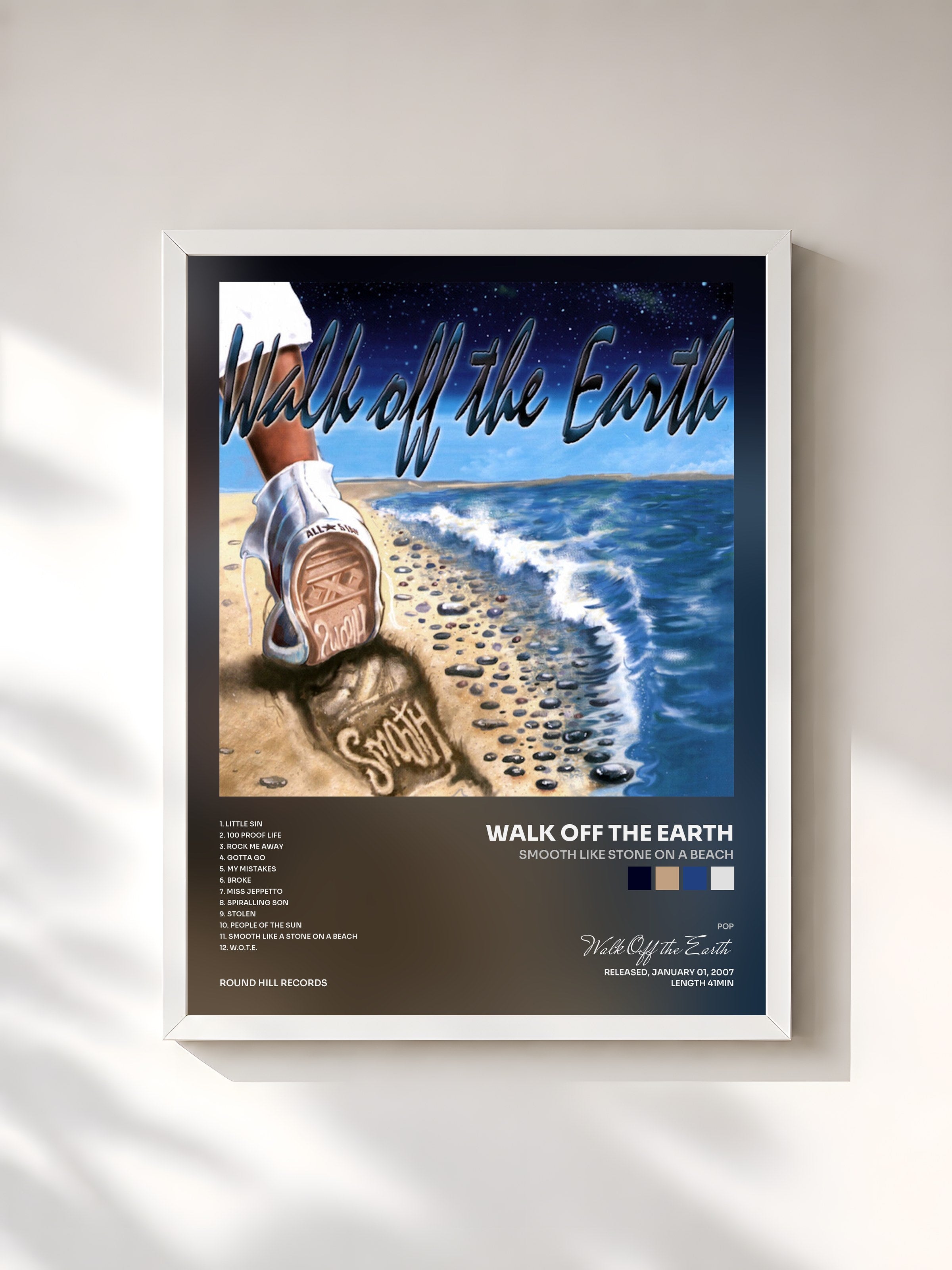 #blanc Tableau de l'album Smooth Like Stone On A Beach de Walk Off the Earth, cadre blanc, imprimé et encadré en France