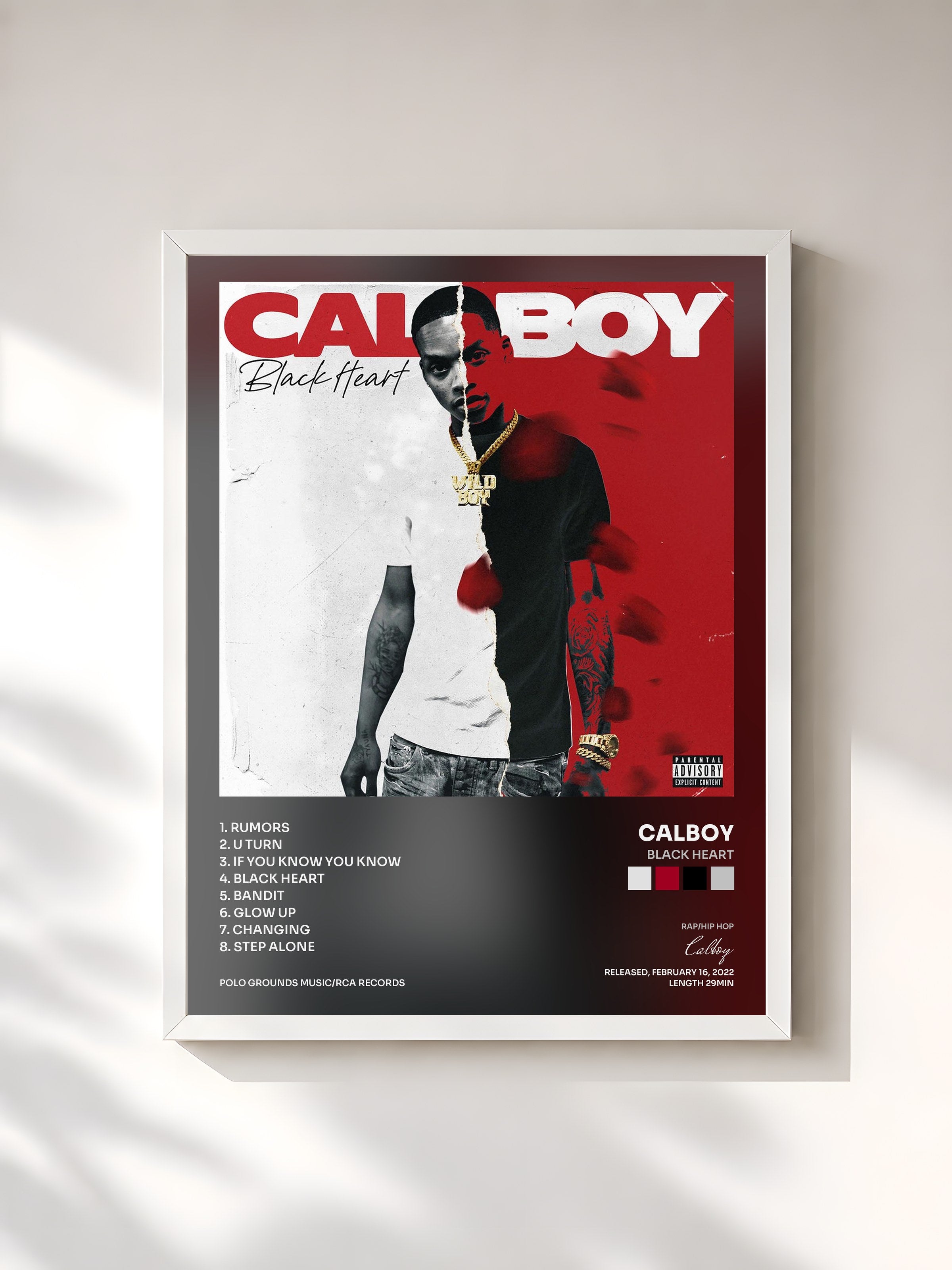 #blanc Tableau de l'album Black Heart de Calboy, cadre blanc, imprimé et encadré en France