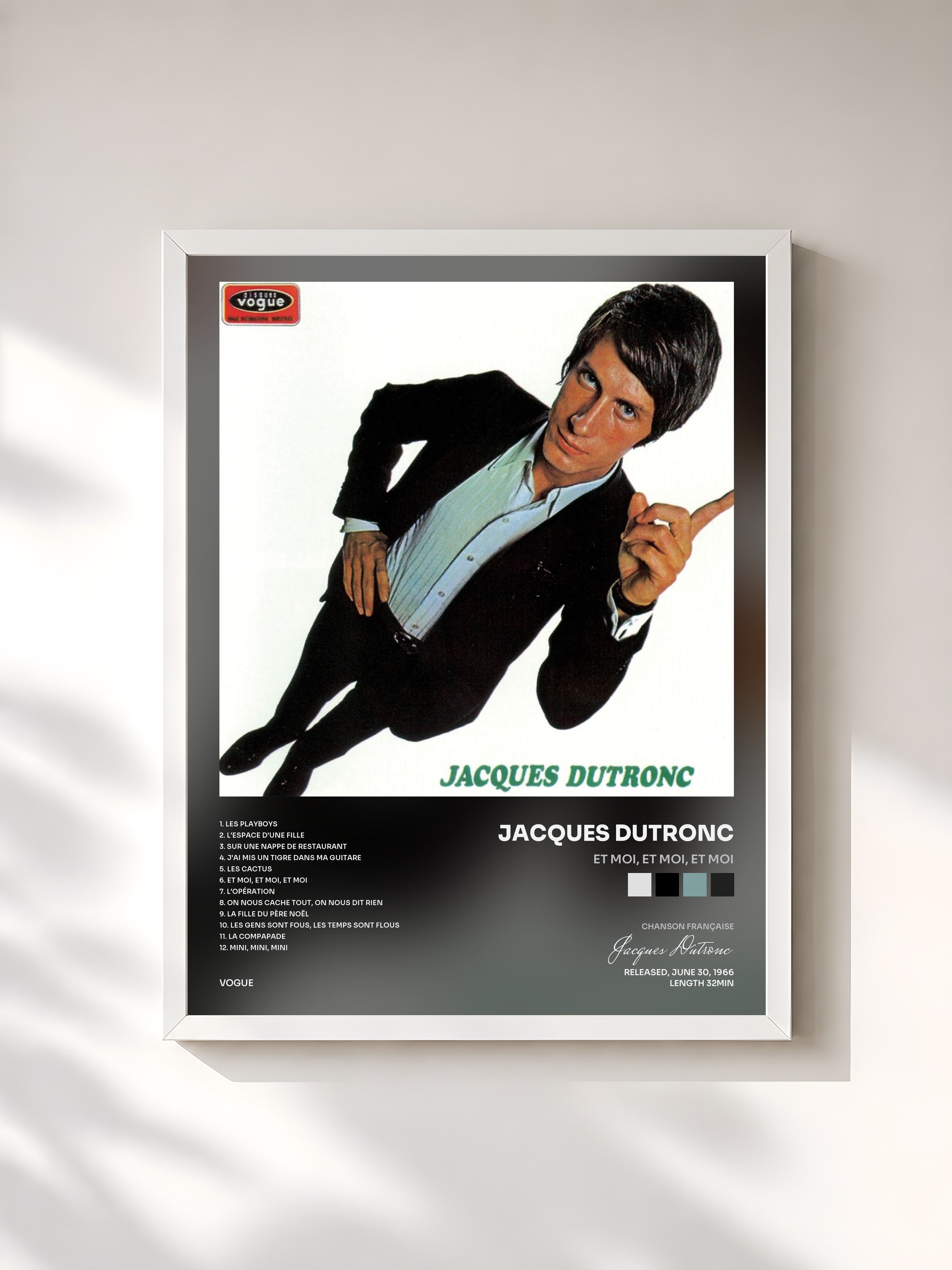 #blanc Tableau de l'album Et moi, et moi, et moi de Jacques Dutronc, cadre blanc, imprimé et encadré en France