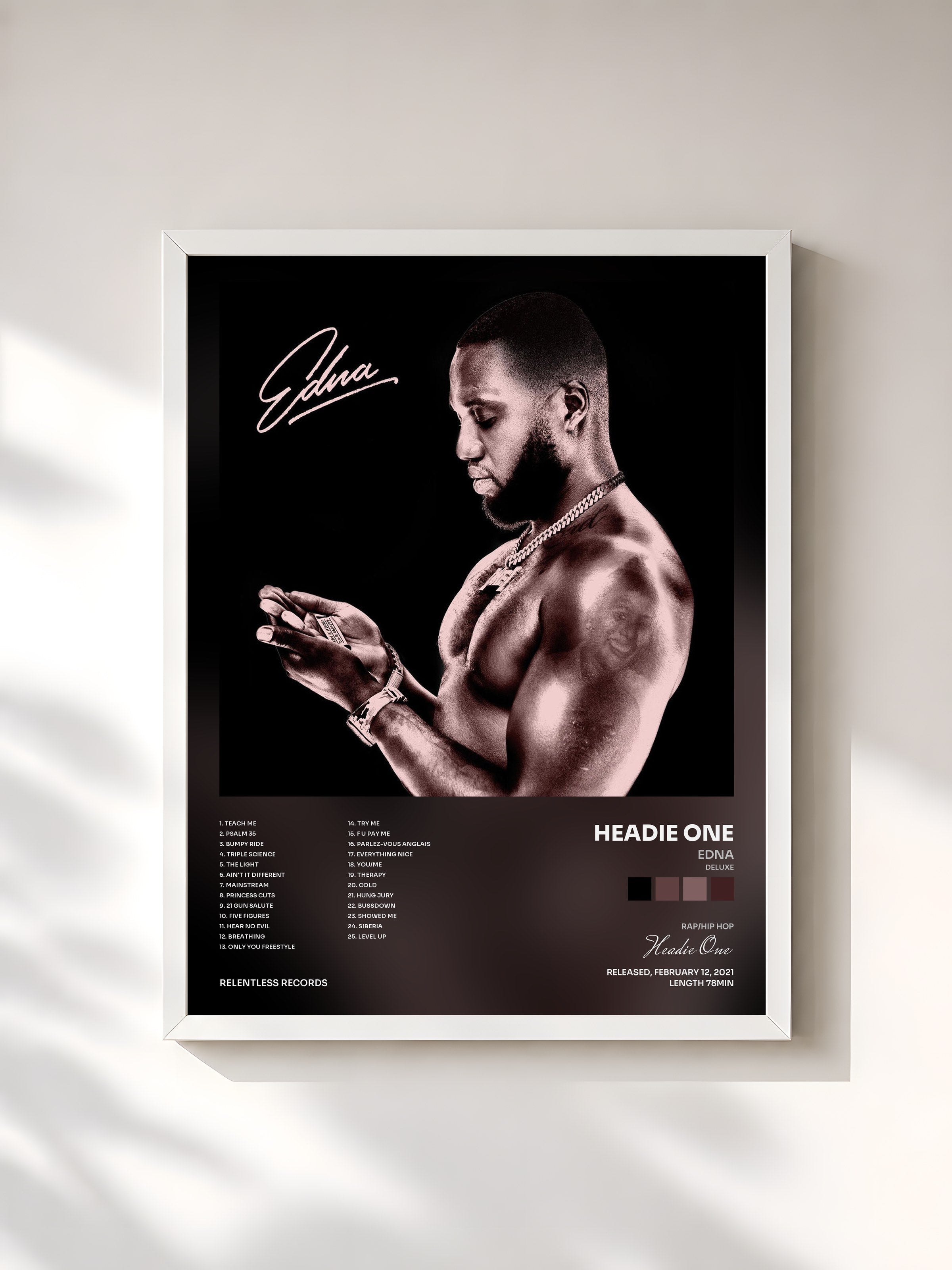 #blanc Tableau de l'album EDNA (Deluxe) de Headie One, cadre blanc, imprimé et encadré en France