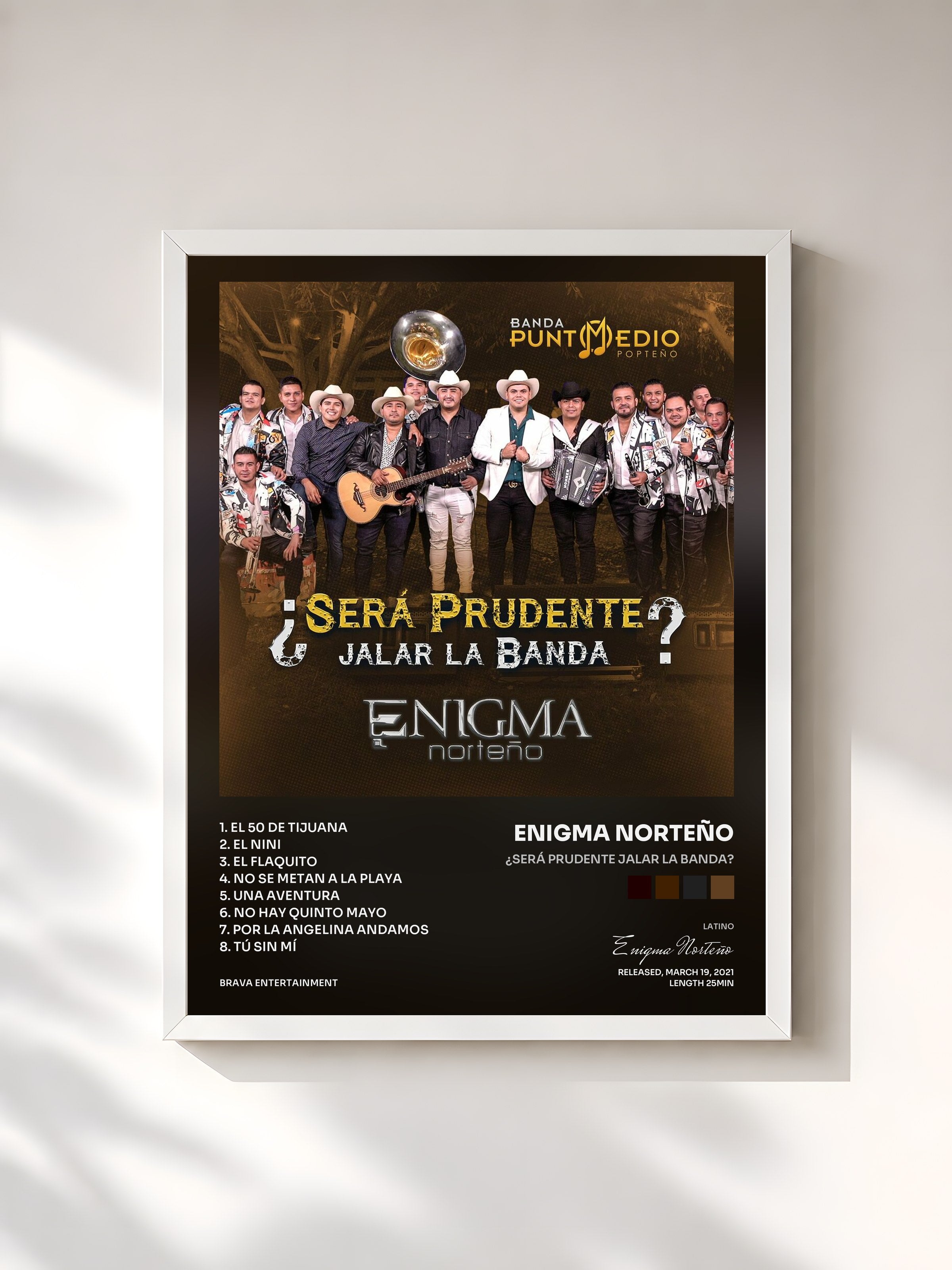 #blanc Tableau de l'album ¿Será Prudente Jalar La Banda? de Enigma Norteño, cadre blanc, imprimé et encadré en France