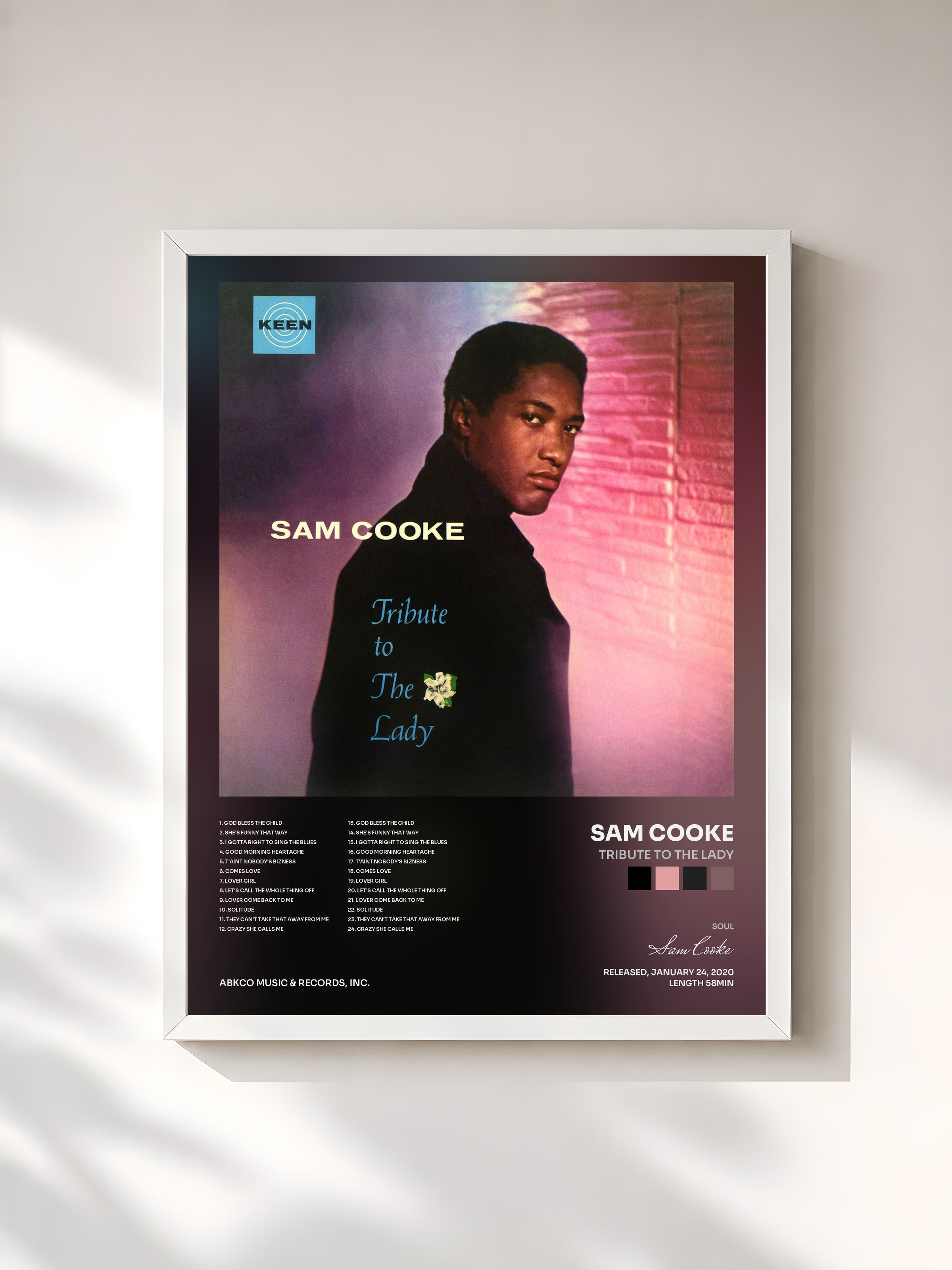 #blanc Tableau de l'album Tribute To The Lady de Sam Cooke, cadre blanc, imprimé et encadré en France
