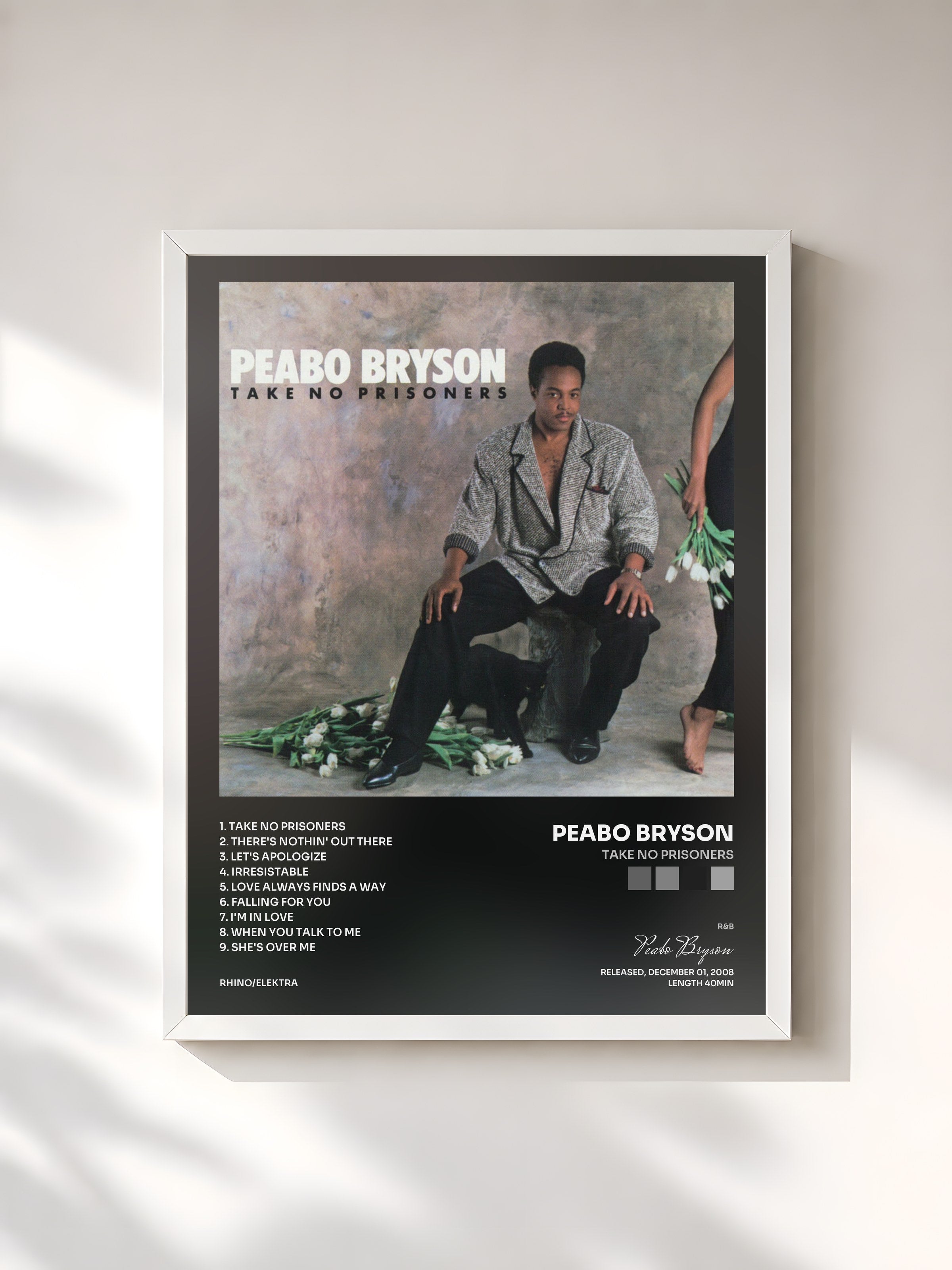 #blanc Tableau de l'album Take No Prisoners de Peabo Bryson, cadre blanc, imprimé et encadré en France