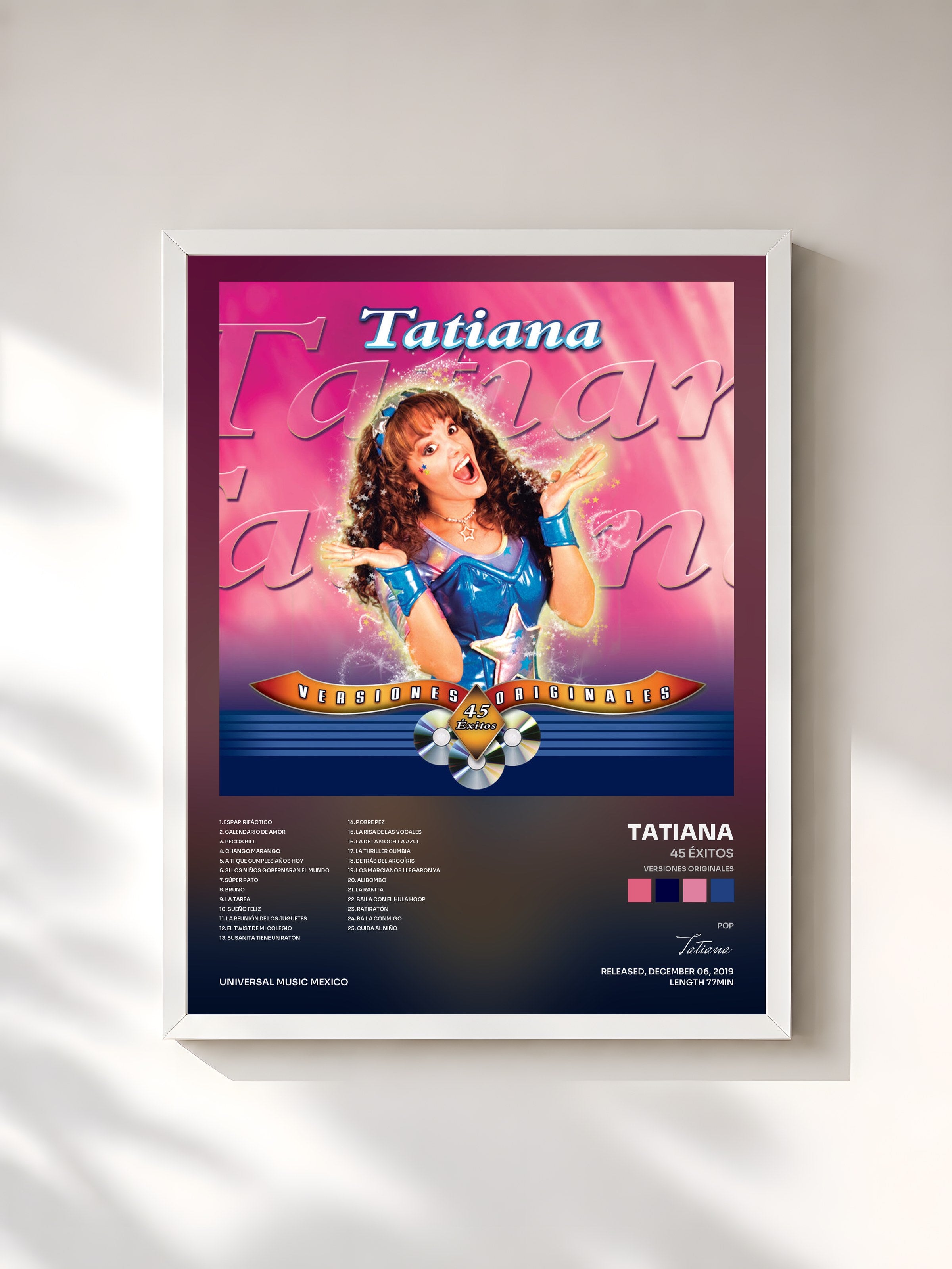 #blanc Tableau de l'album 45 Éxitos (Versiones Originales) de Tatiana, cadre blanc, imprimé et encadré en France
