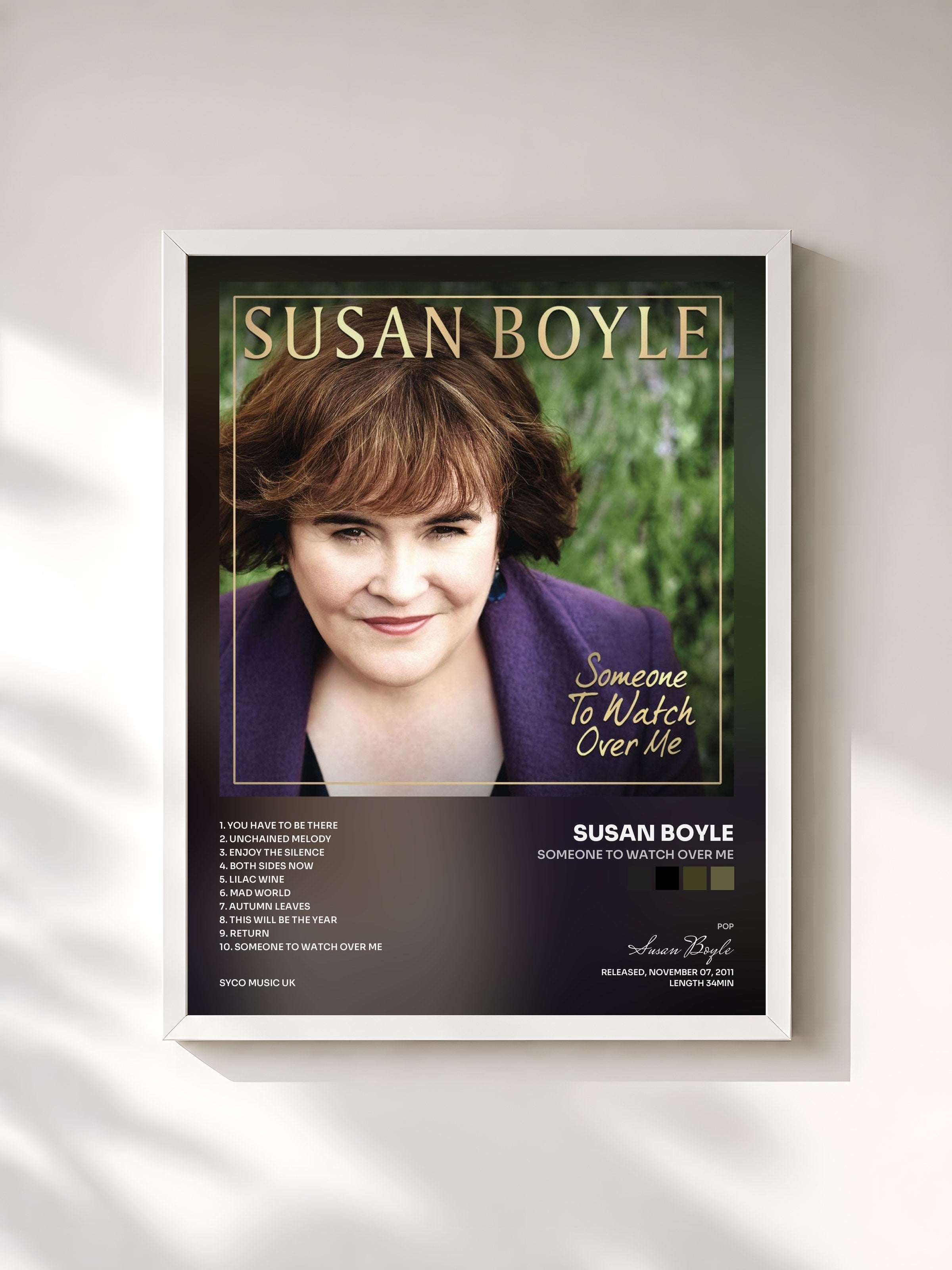 #blanc Tableau de l'album Someone to Watch Over Me de Susan Boyle, cadre blanc, imprimé et encadré en France