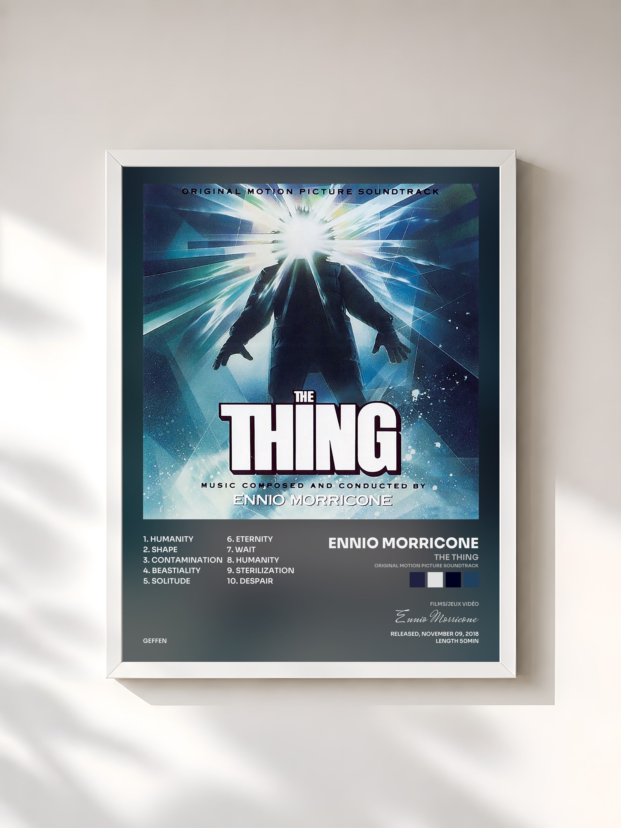 #blanc Tableau de l'album The Thing (Original Motion Picture Soundtrack) de Ennio Morricone, cadre blanc, imprimé et encadré en France
