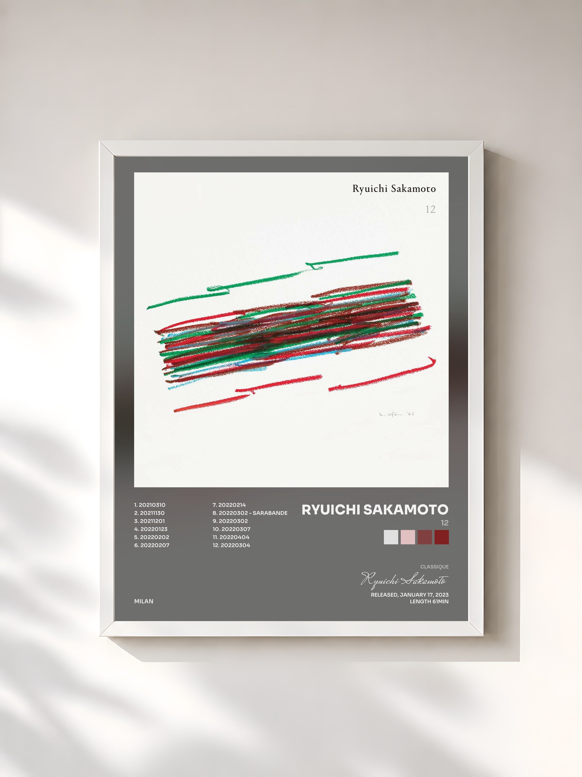 #blanc Tableau de l'album 12 de Ryuichi Sakamoto, cadre blanc, imprimé et encadré en France