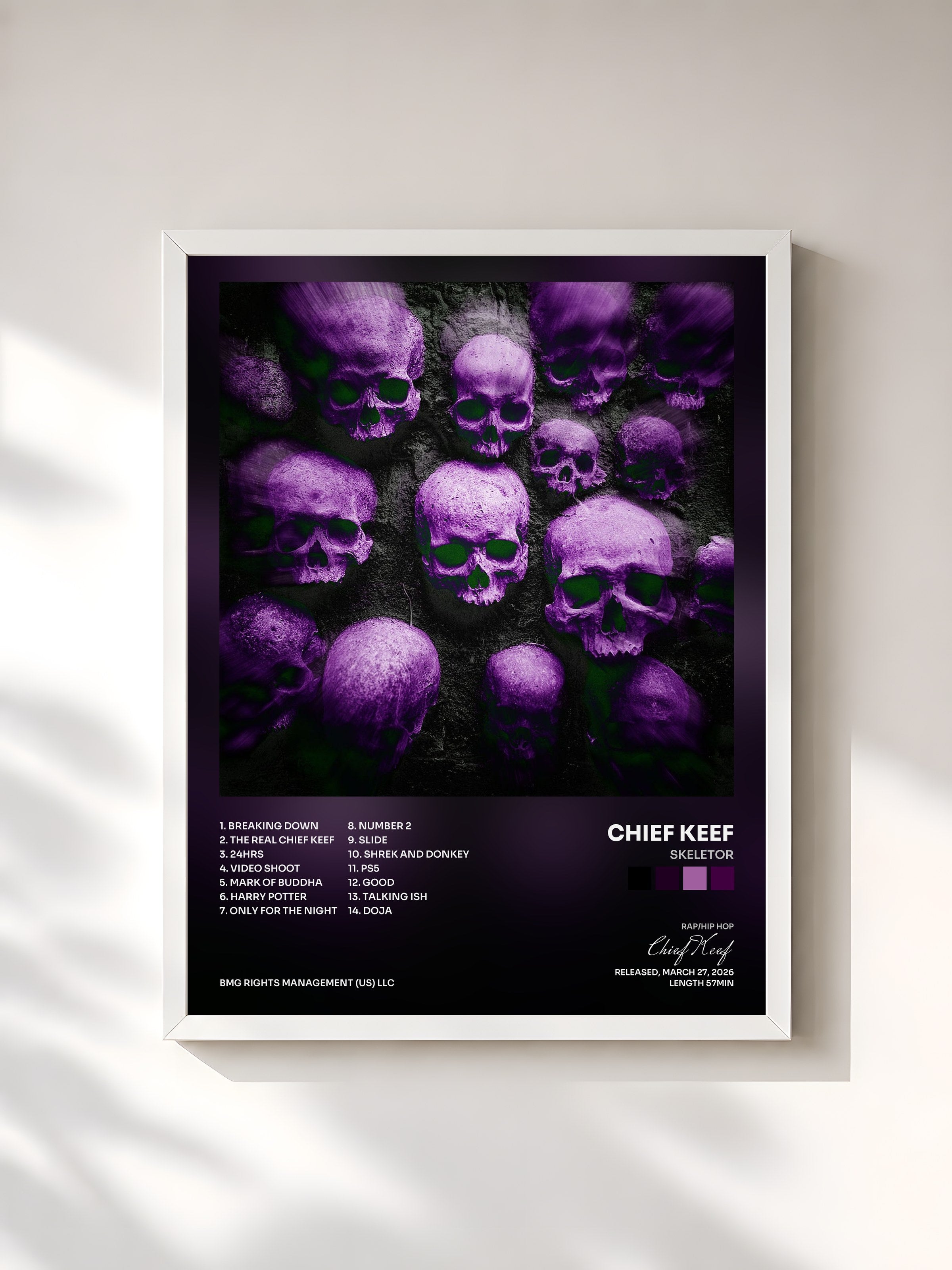 #blanc Tableau de l'album Skeletor de Chief Keef, cadre blanc, imprimé et encadré en France