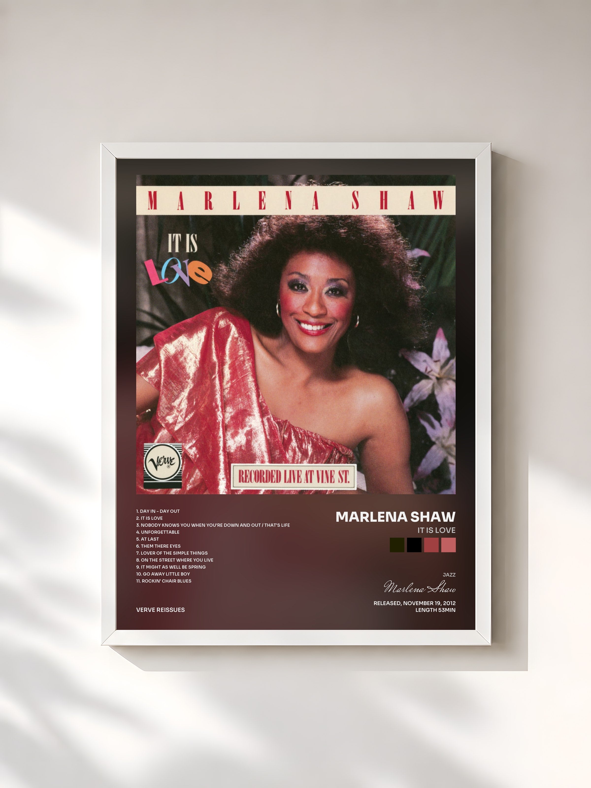 #blanc Tableau de l'album It Is Love de Marlena Shaw, cadre blanc, imprimé et encadré en France