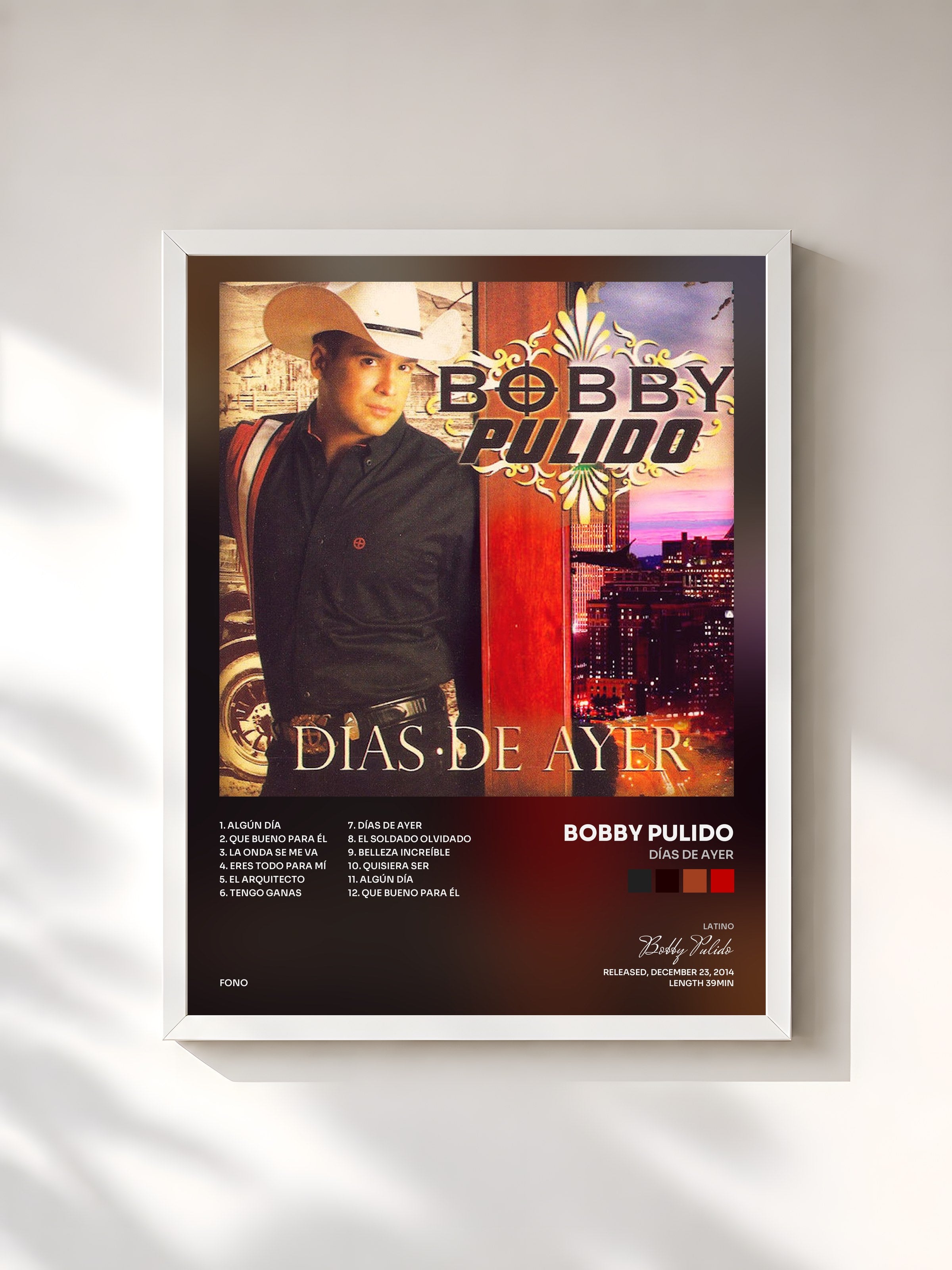 #blanc Tableau de l'album Días de Ayer de Bobby Pulido, cadre blanc, imprimé et encadré en France