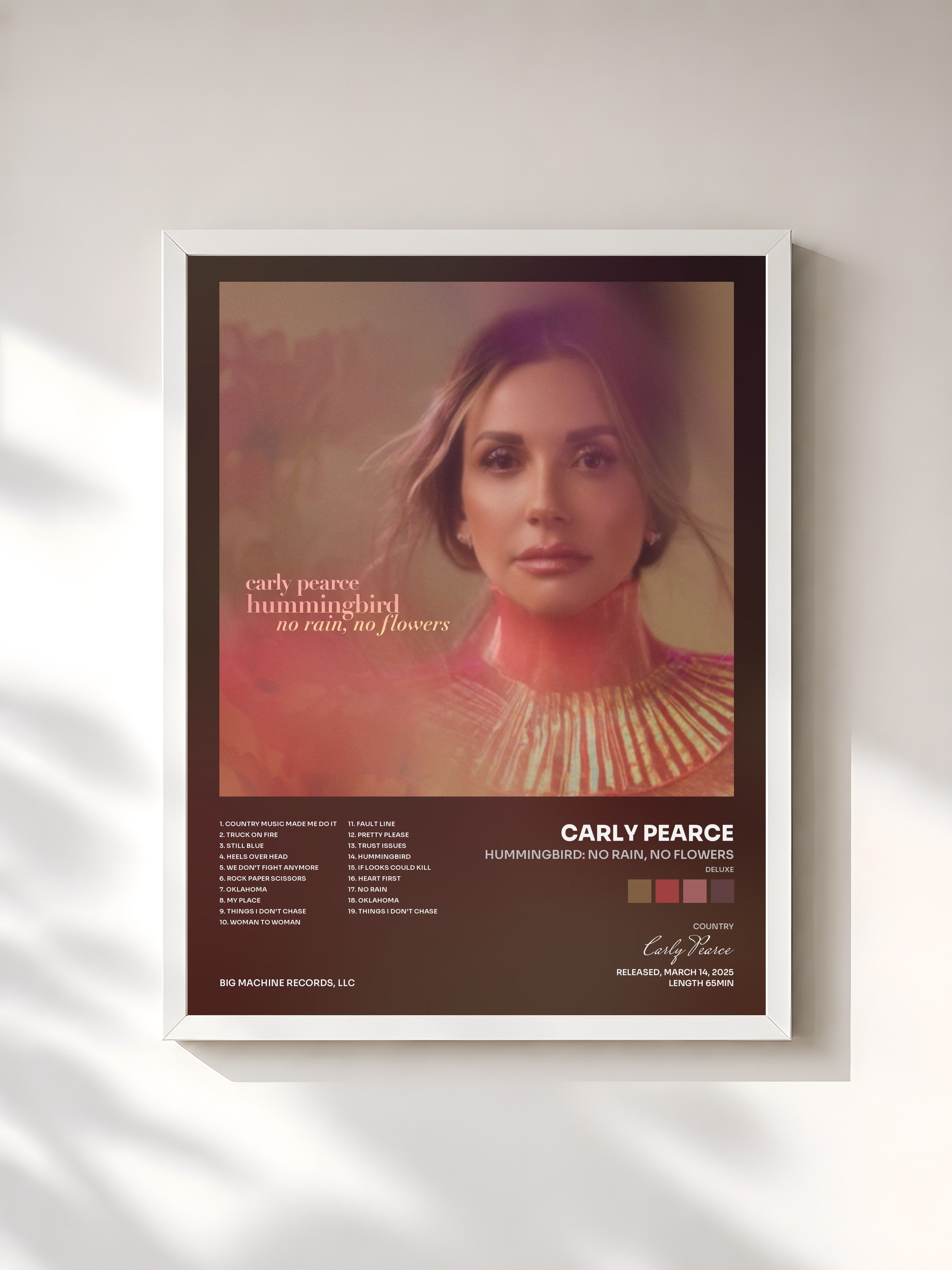 #blanc Tableau de l'album hummingbird: no rain, no flowers (deluxe) de Carly Pearce, cadre blanc, imprimé et encadré en France