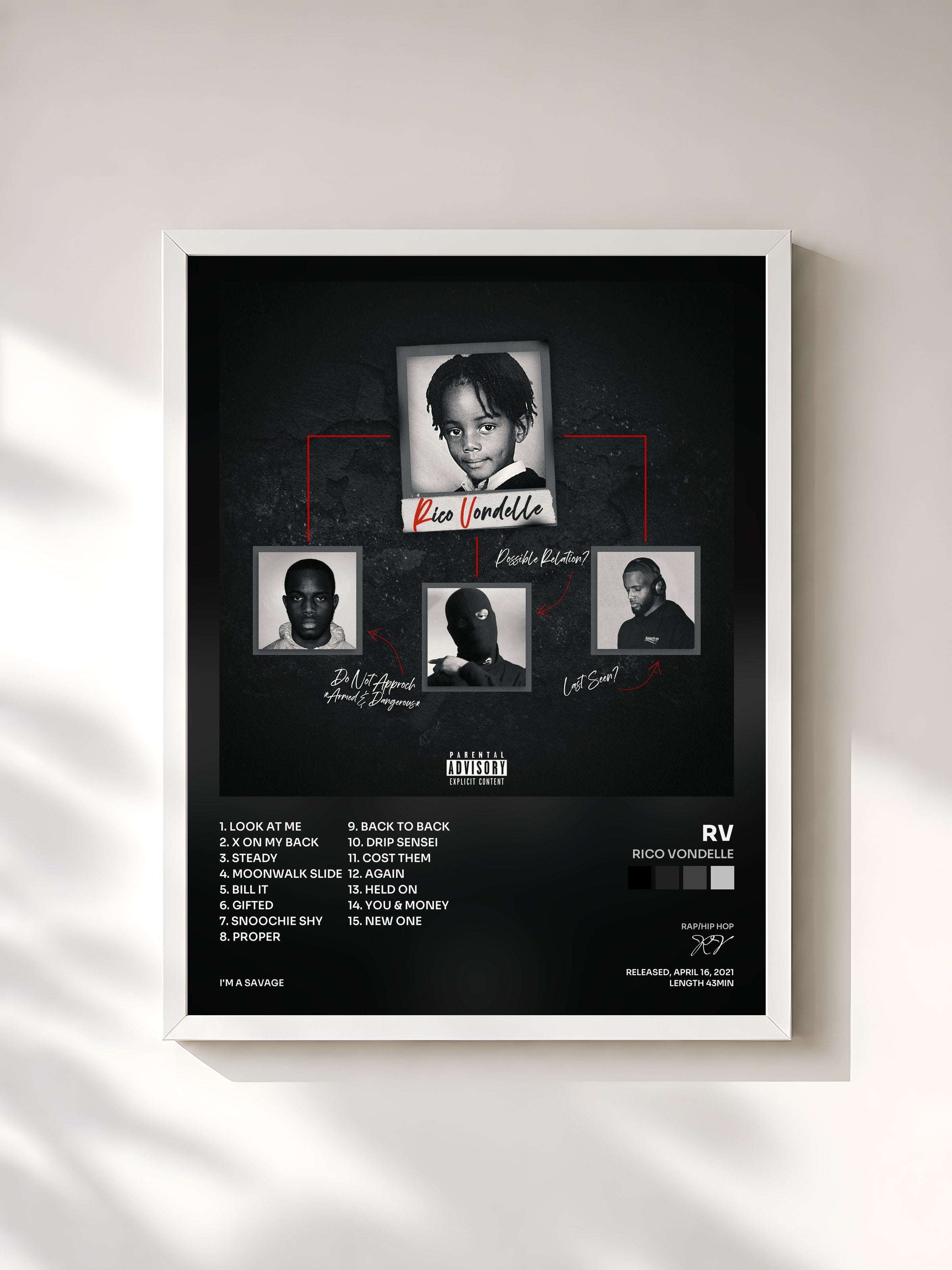 #blanc Tableau de l'album Rico Vondelle de RV, cadre blanc, imprimé et encadré en France