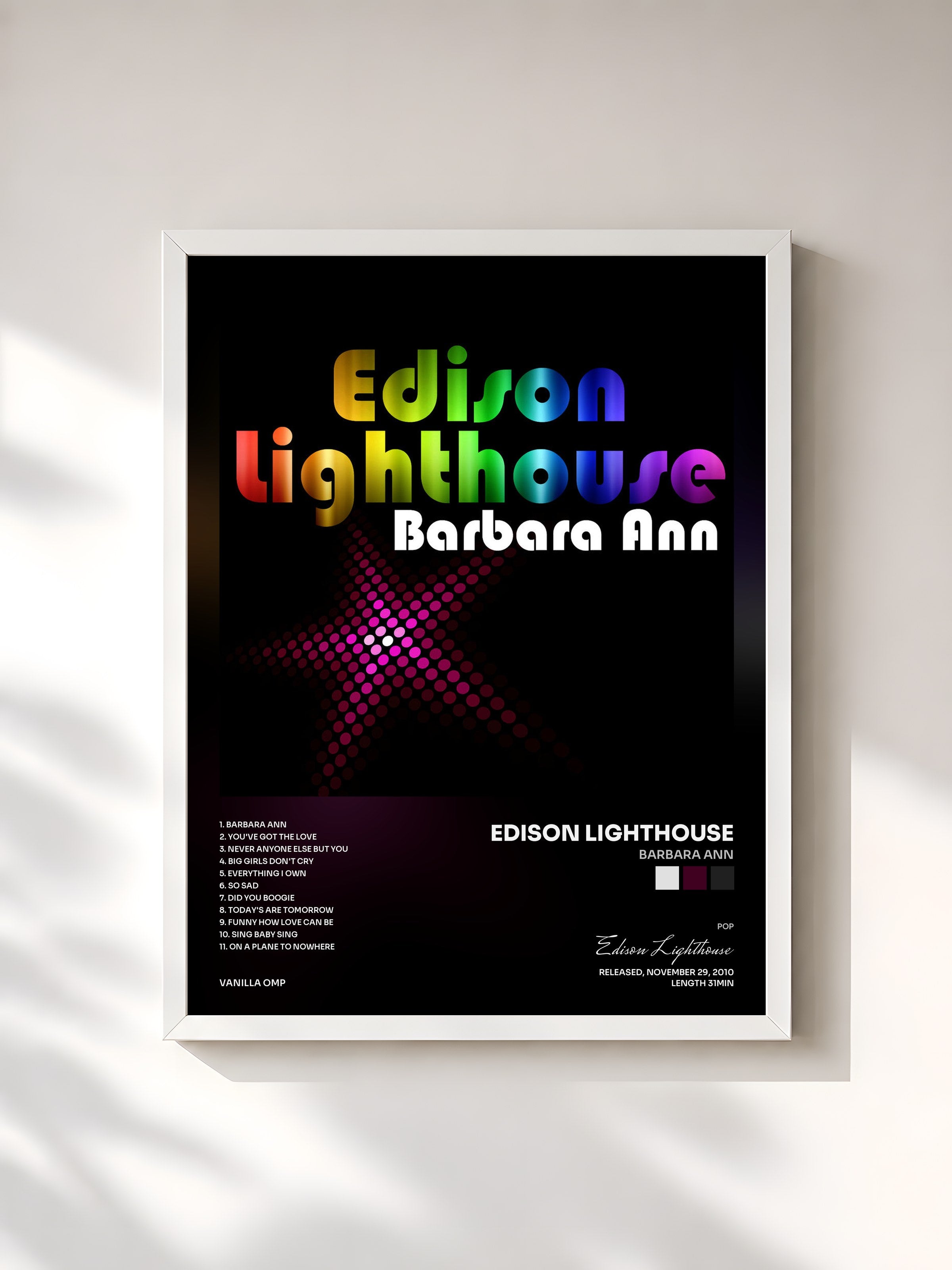 #blanc Tableau de l'album Barbara Ann de Edison Lighthouse, cadre blanc, imprimé et encadré en France