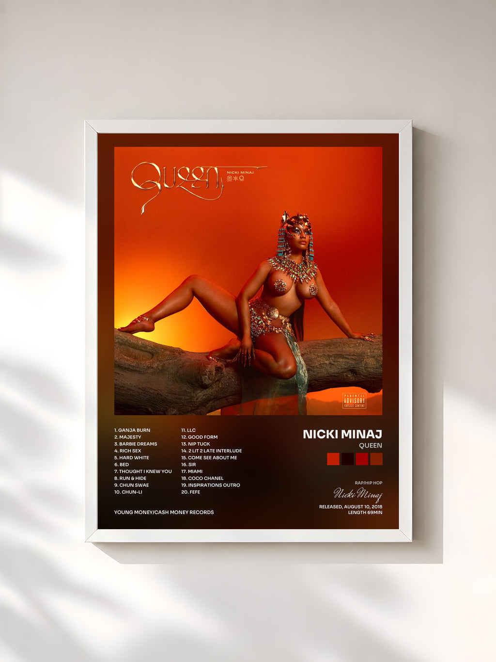 #blanc Tableau de l'album Queen de Nicki Minaj, cadre blanc, imprimé et encadré en France