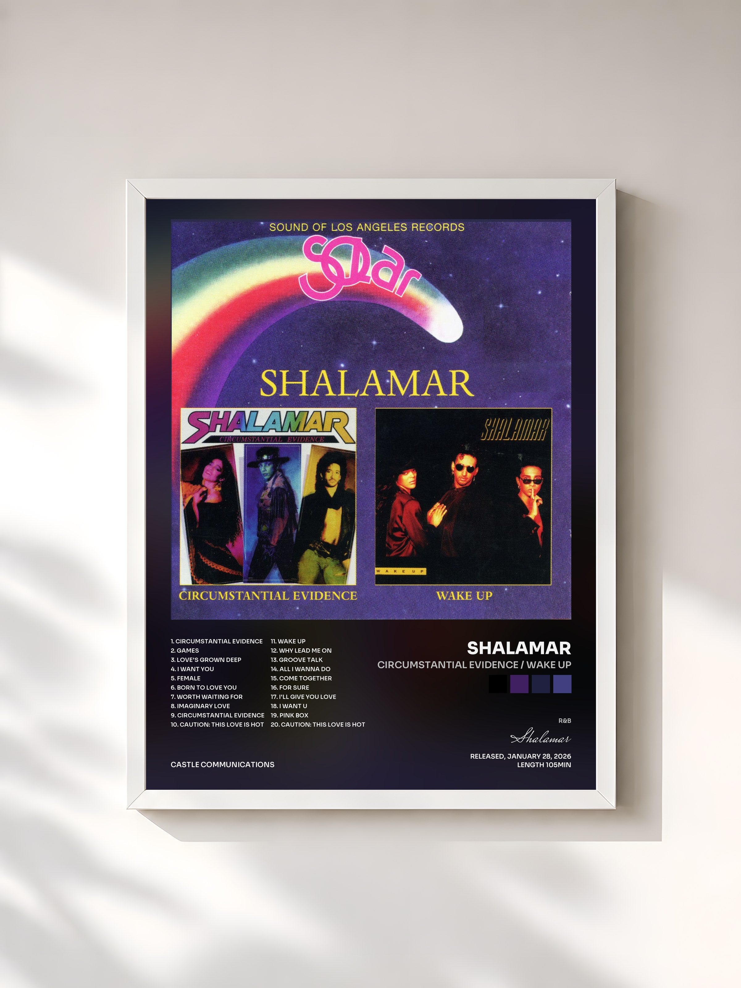 #blanc Tableau de l'album Circumstantial Evidence / Wake Up de Shalamar, cadre blanc, imprimé et encadré en France