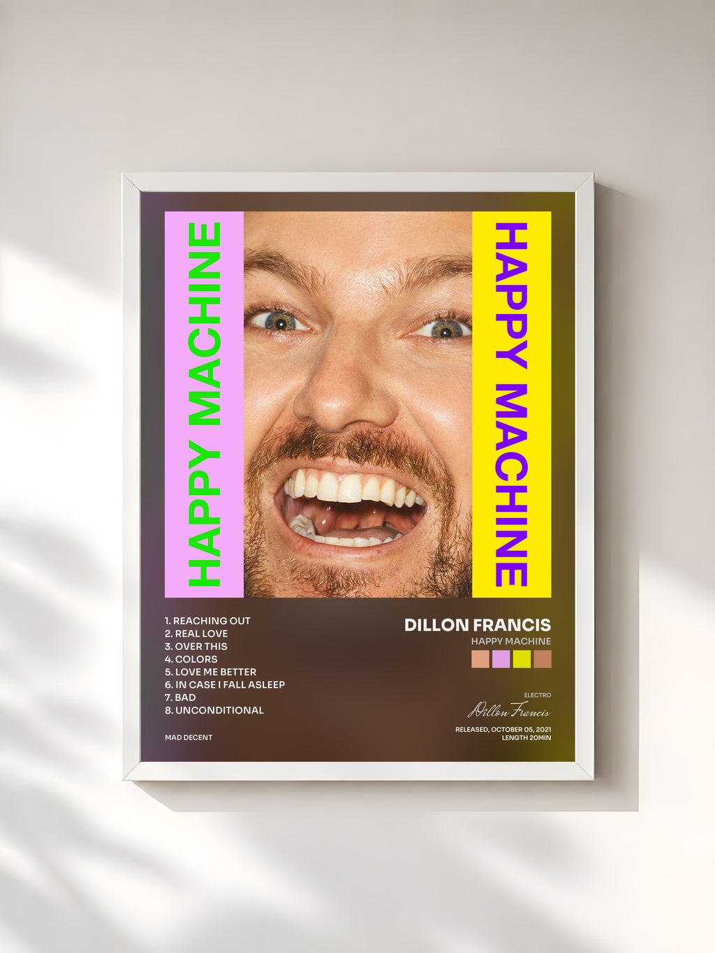 #blanc Tableau de l'album Happy Machine de Dillon Francis, cadre blanc, imprimé et encadré en France