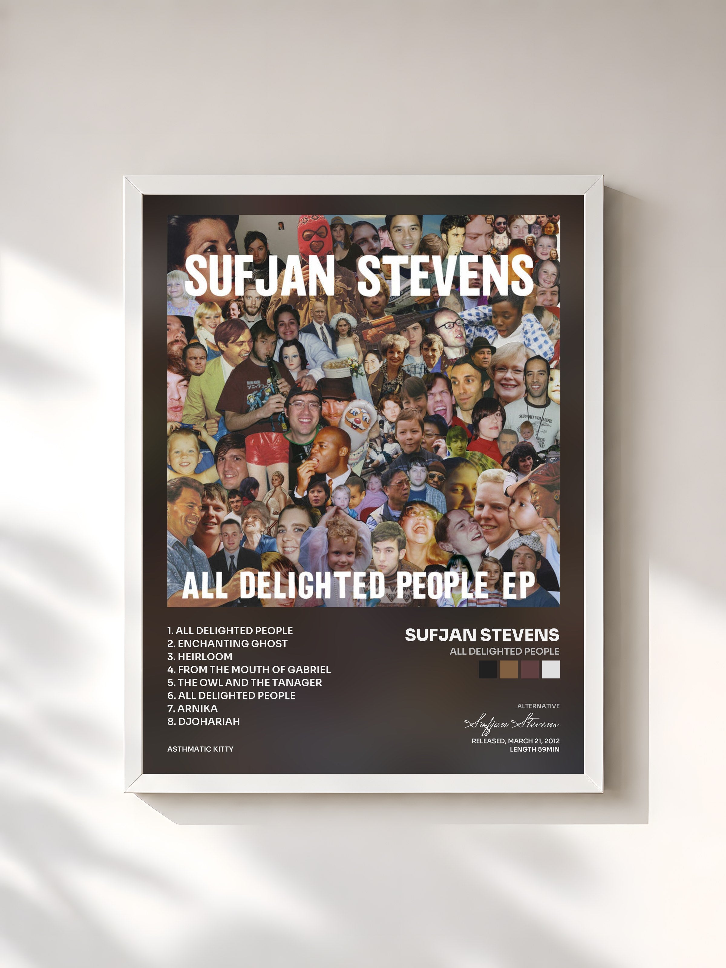 #blanc Tableau de l'album All Delighted People de Sufjan Stevens, cadre blanc, imprimé et encadré en France