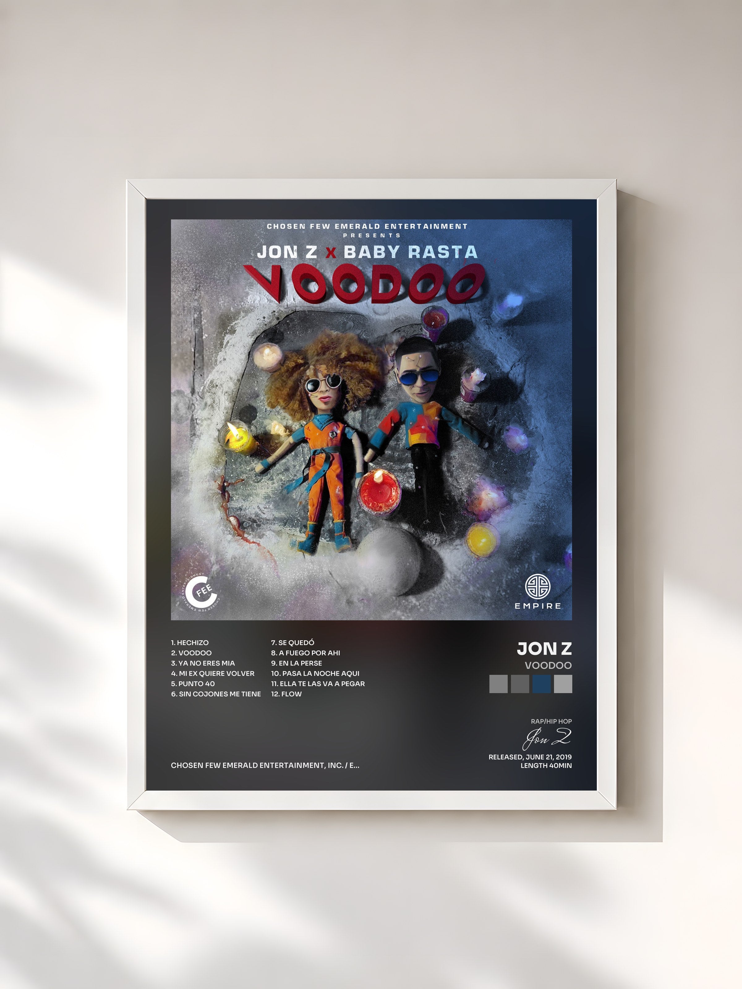 #blanc Tableau de l'album Voodoo de Jon Z, cadre blanc, imprimé et encadré en France