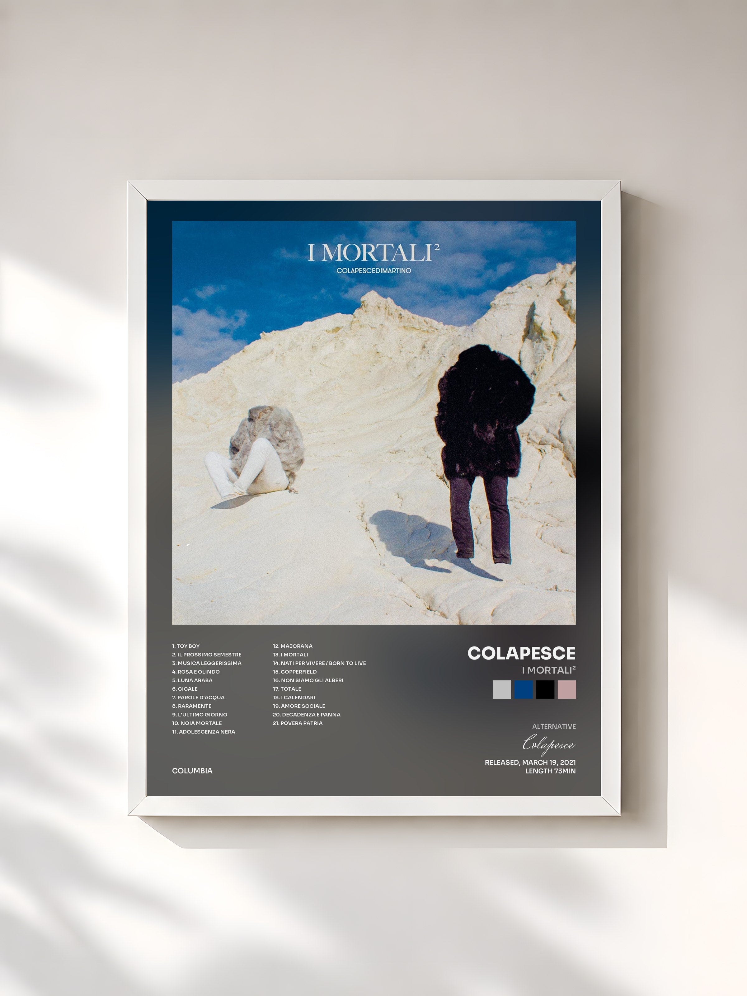 #blanc Tableau de l'album I Mortali² de Colapesce, cadre blanc, imprimé et encadré en France
