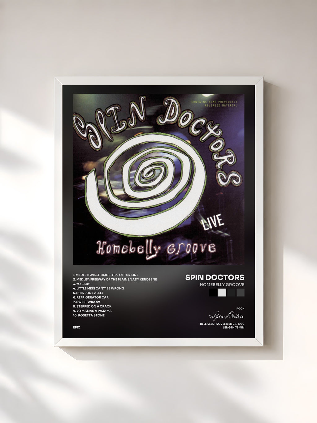 #blanc Tableau de l'album HOMEBELLY GROOVE de Spin Doctors, cadre blanc, imprimé et encadré en France