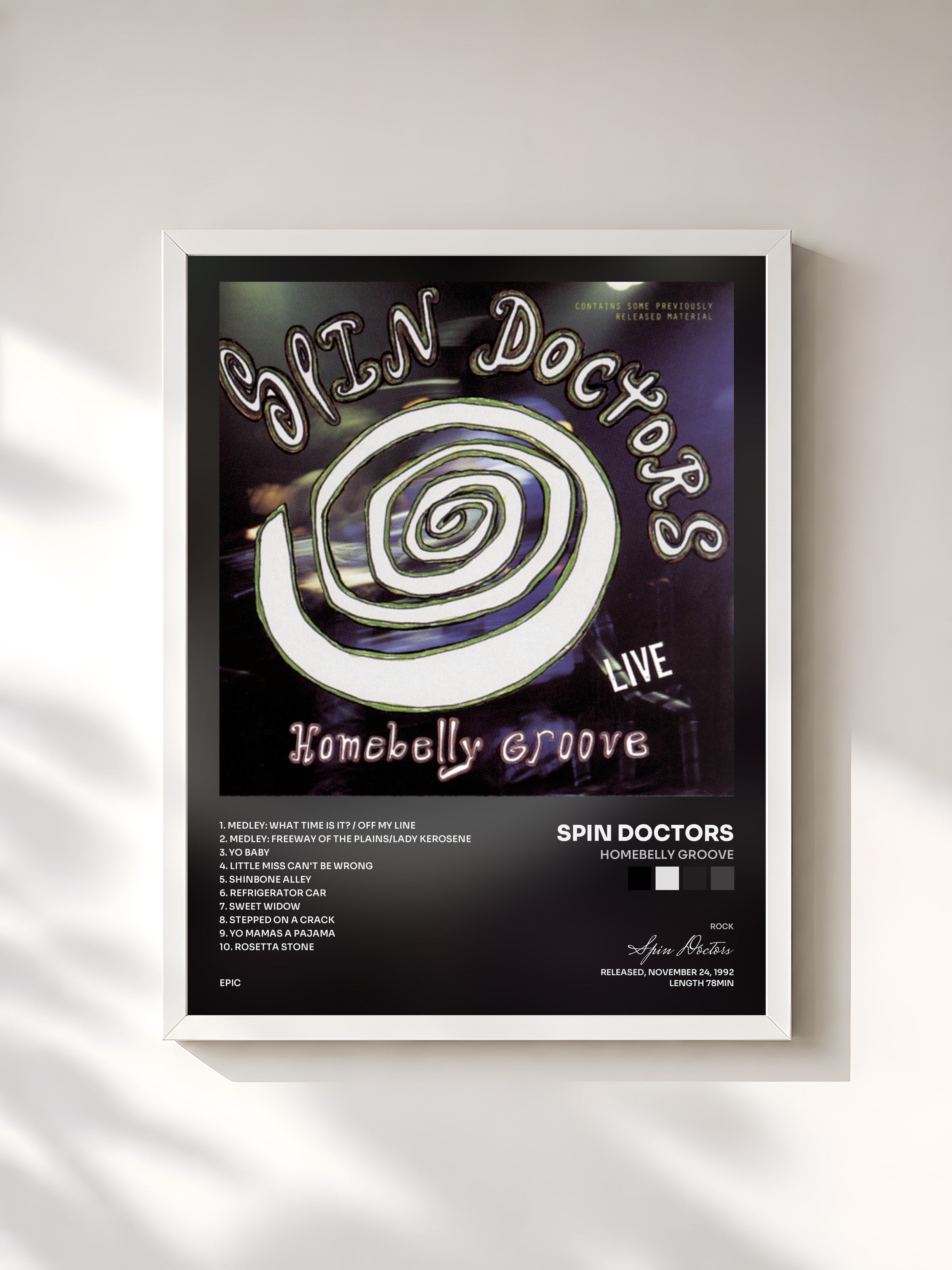 #blanc Tableau de l'album HOMEBELLY GROOVE de Spin Doctors, cadre blanc, imprimé et encadré en France