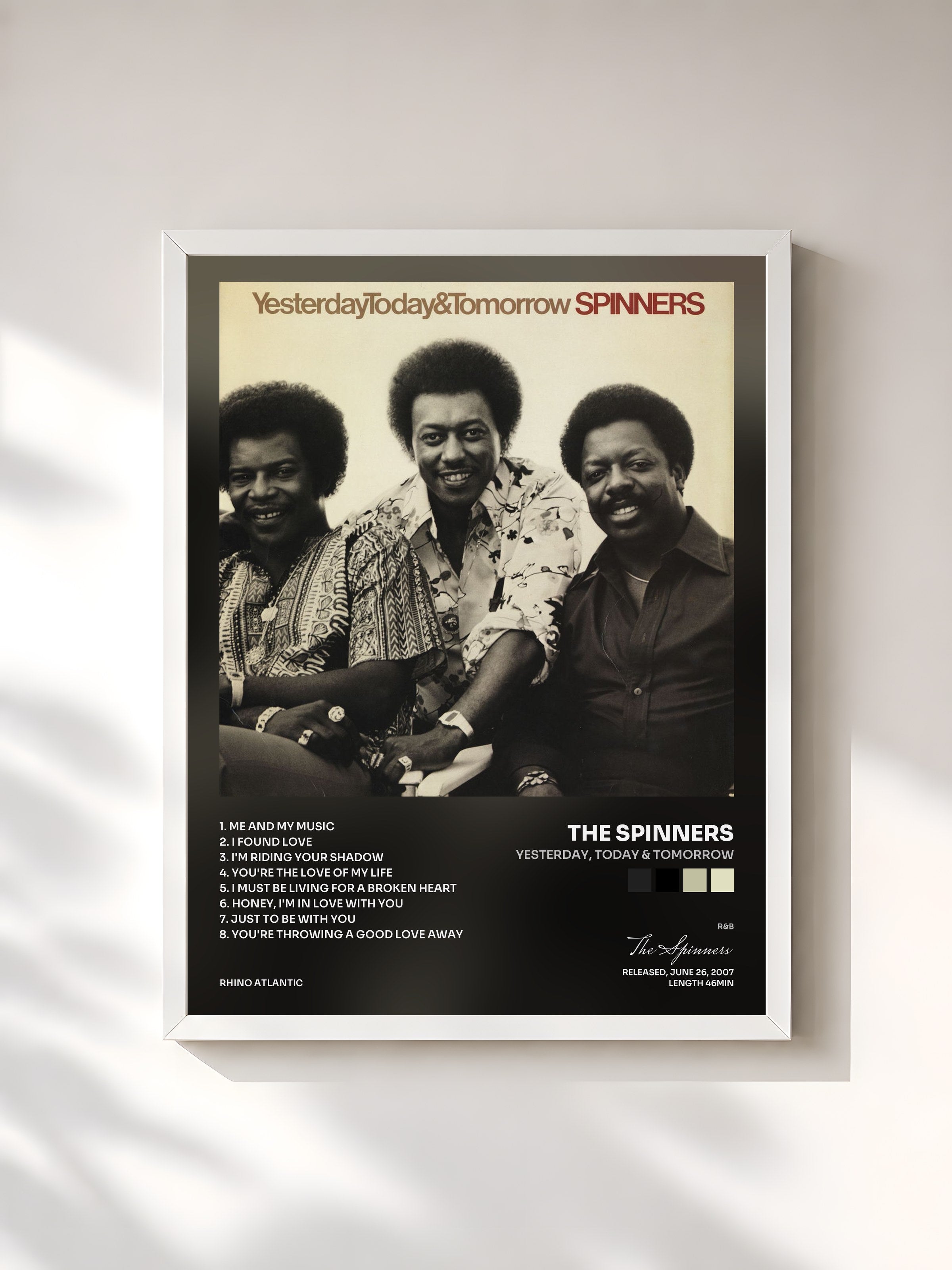 #blanc Tableau de l'album Yesterday, Today & Tomorrow de The Spinners, cadre blanc, imprimé et encadré en France