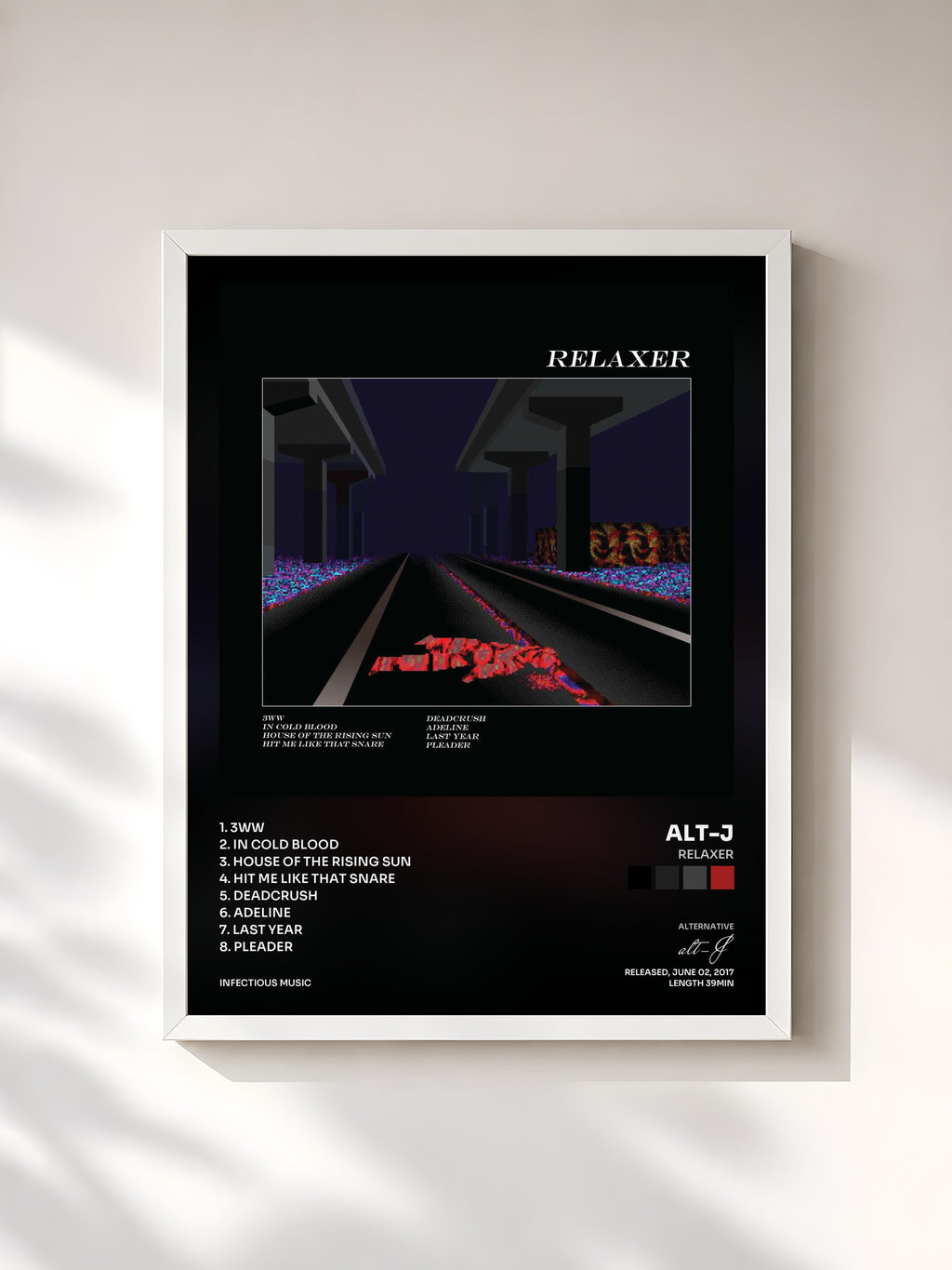 #blanc Tableau de l'album RELAXER de alt-J, cadre blanc, imprimé et encadré en France