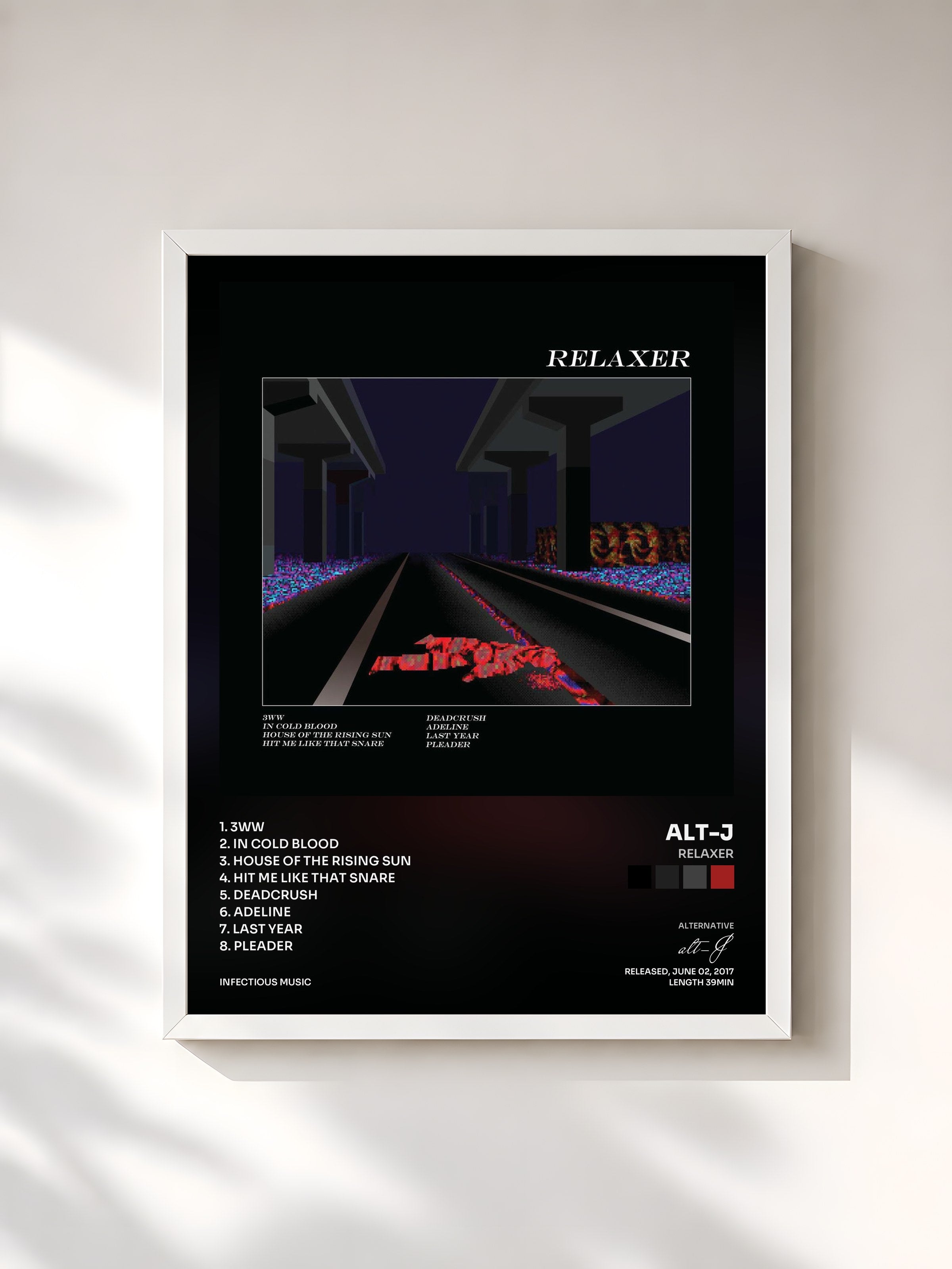 #blanc Tableau de l'album RELAXER de alt-J, cadre blanc, imprimé et encadré en France